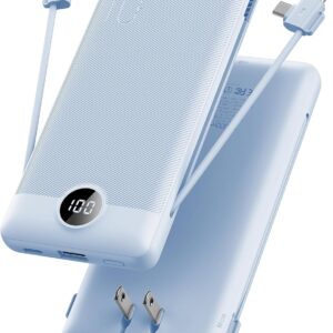 VRURC Portable Charger Built-in Cables and AC Wall Plug, USB C Power Bank 10000mAh, Travel Essentials Phone Charger Compact Lightweight External Battery Pack for Smart Phones, Tablets etc-Blue