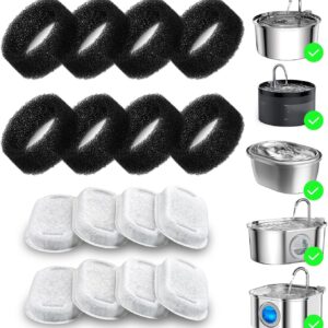 Wonder Creature 16 Pack Cat Water Fountain Filter Replacement, 4+4/8+8/12+12/16+16 Pack for Stainless Steel Cat Fountain 2L/67oz and 3.2L/108oz, 8 Carbon Filters & 8 Pre-Filter Sponges
