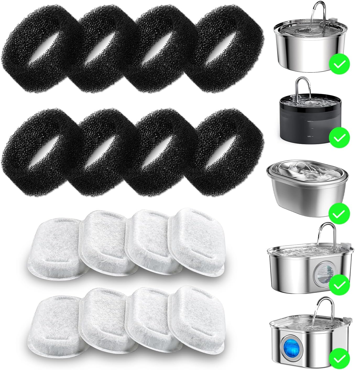Wonder Creature 16 Pack Cat Water Fountain Filter Replacement, 4+4/8+8/12+12/16+16 Pack for Stainless Steel Cat Fountain 2L/67oz and 3.2L/108oz, 8 Carbon Filters & 8 Pre-Filter Sponges