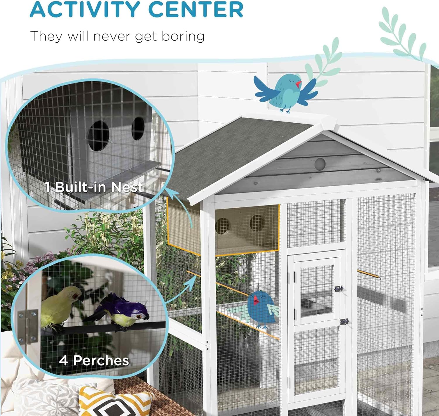 PawHut 64.5" Wooden Bird Cage Aviary, Flight Cage with 4 Perches, Nest and Slide-Out Tray for Indoor/Outdoor, Gray - Image 5
