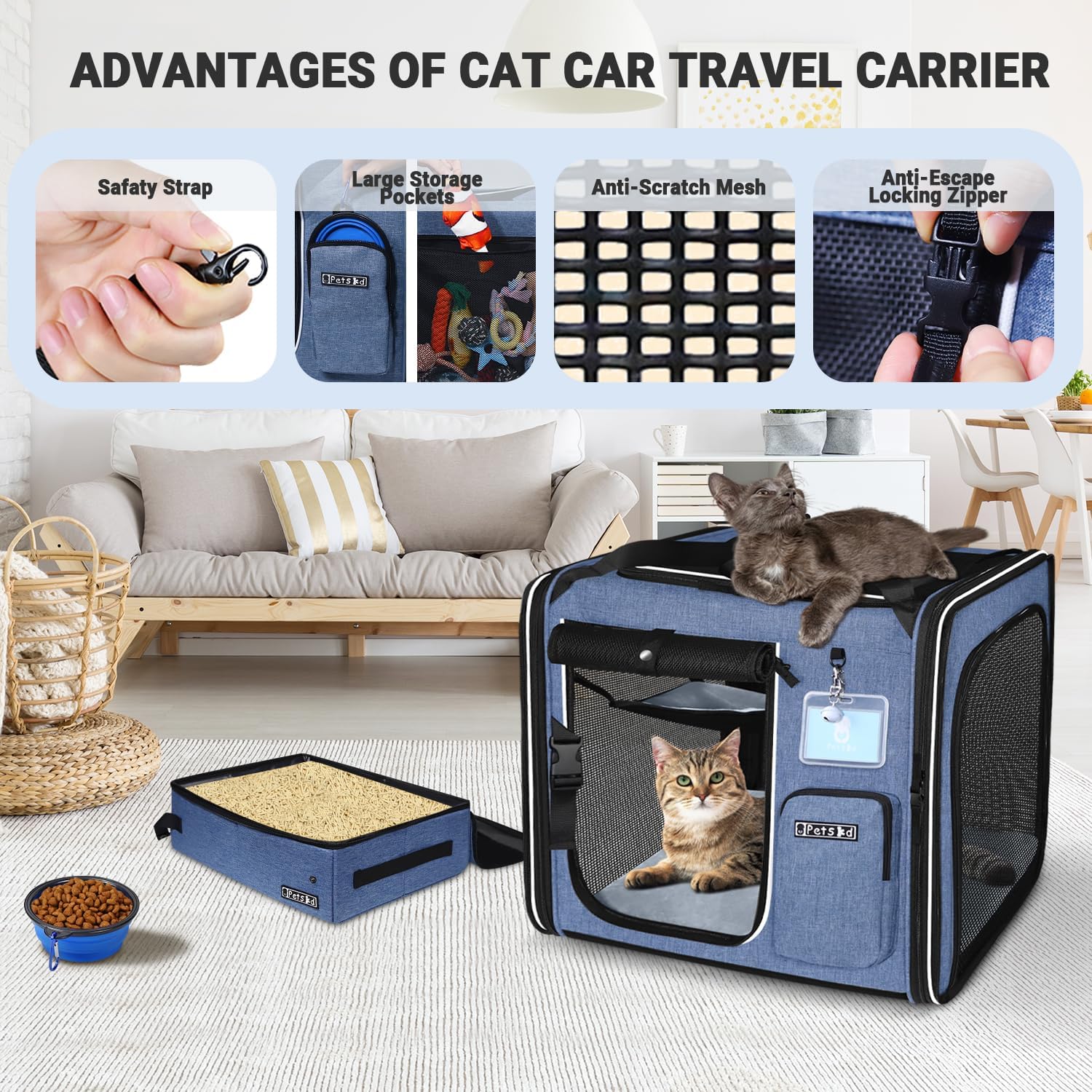 Petskd Combinable Large Cat Carrier with Litter Box for Car Travel, 19"x17"x18" Portable Soft Pet Carrier for 2 Small Cats with Safty Zipper Locks for Vet - Image 6