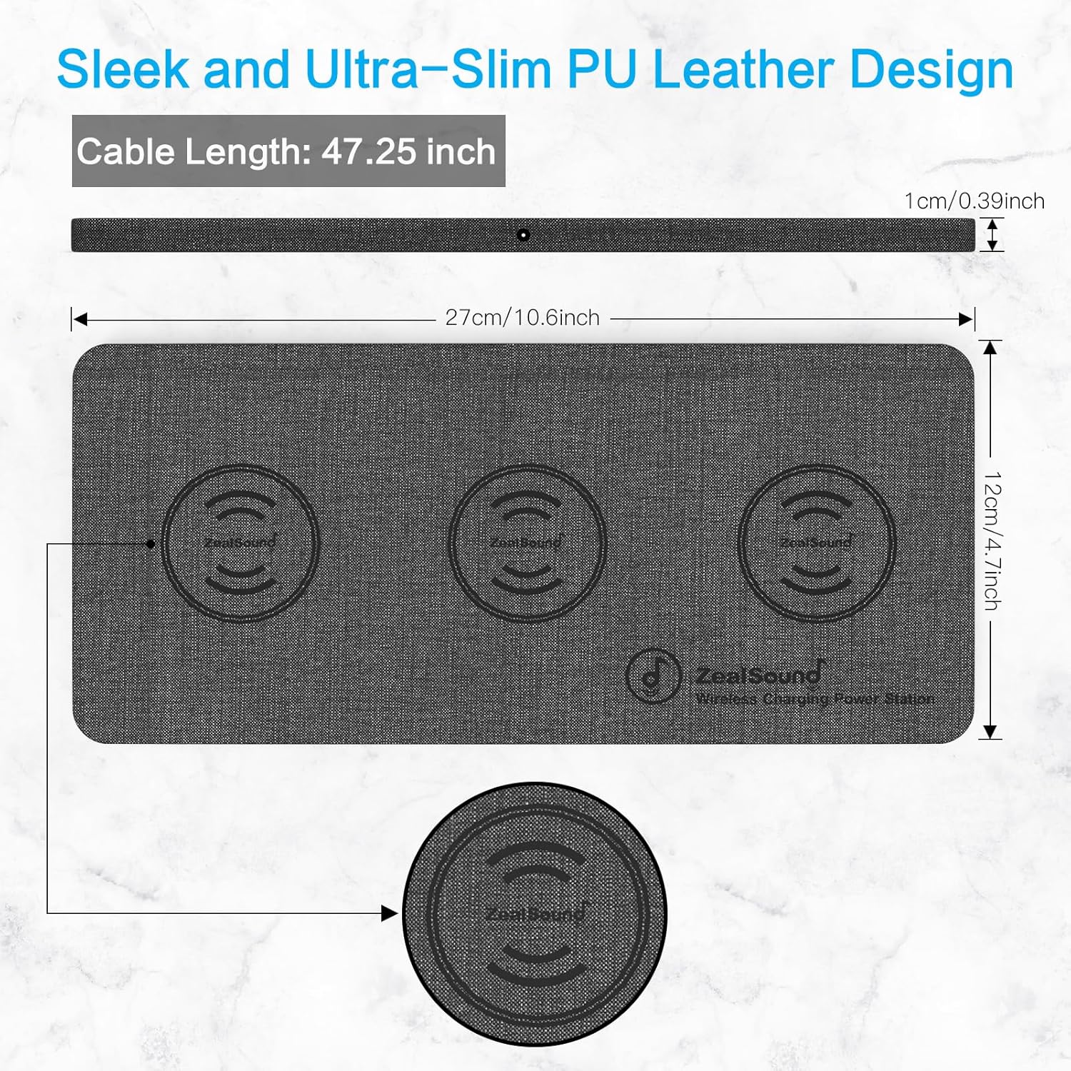 ZealSound Wireless Charging Pad, 3 in 1 Charger Mat for iPhone, Samsung Galaxy, Pixel, AirPods & Galaxy Buds, 24W Adapter Included, Ultra Slim, Case Friendly, PU Leather, Home Office & Travel, Gray - Image 4