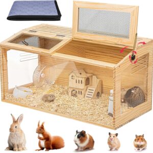 Hamster Cage 32″ Wooden Chewproof, 270° Panoramic View Large Habitat with Bite-Proof Mesh, Top Dual Access Doors & Acrylic Panels, for Syrian/Dwarf Hamsters, Guinea Pigs, Chinchillas & Gerbils