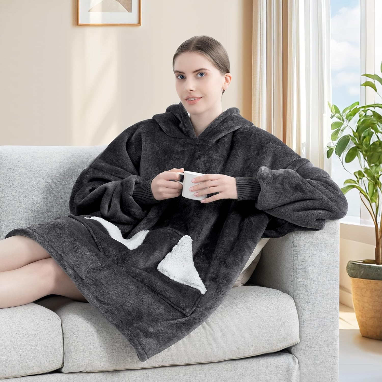 Touchat Wearable Blanket Hoodie, Oversized Sherpa Fleece Sweatshirt Blanket with Giant Hood Pocket and Sleeves for Adult, Warm & Cozy Grey Blanket Gifts for Women - Image 7
