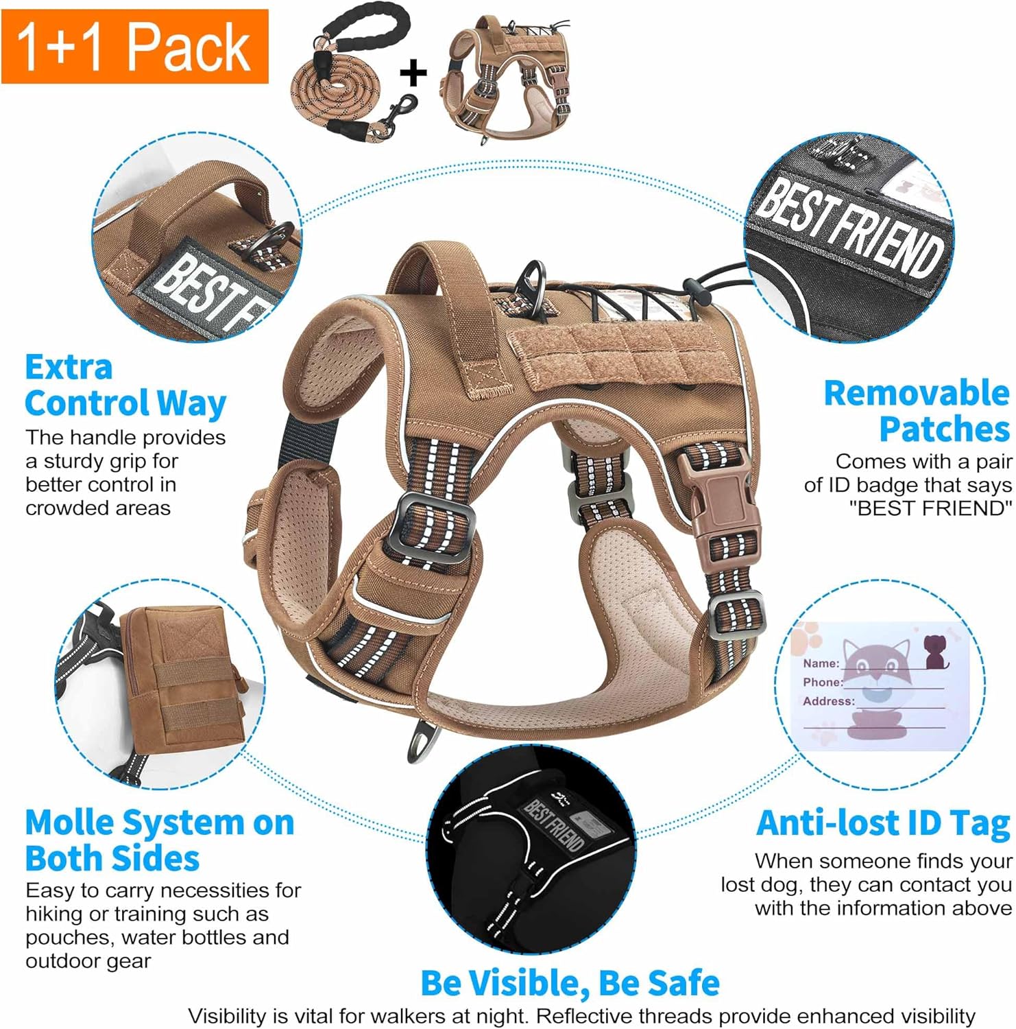 Beebiepet Heavy Duty Tactical Dog Harness for Large Dogs, No Pull Adjustable Pet Harness Reflective Service Training Easy Control Pet Vest Military K9 Working Dog Harnesses- Large, Brown - Image 4