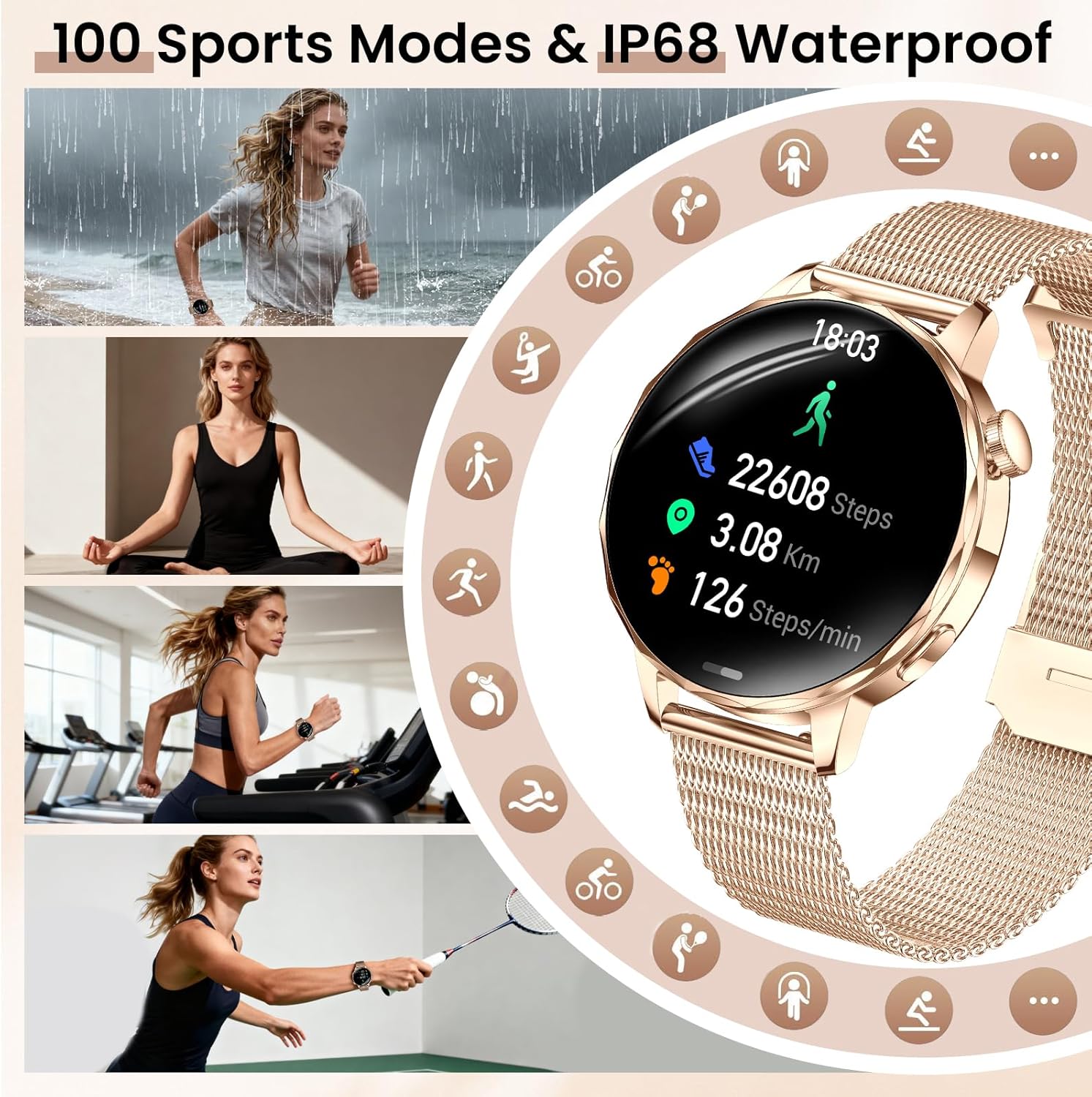 Smart Watches for Women, 1.27'' Smartwatches (Answer/Make Calls) Compatible with iPhone/Android Phones, IP68 Waterproof Fitness Tracker Watch with Sleep Monitor,100+ Sports Modes (Rose Gold) - Image 5