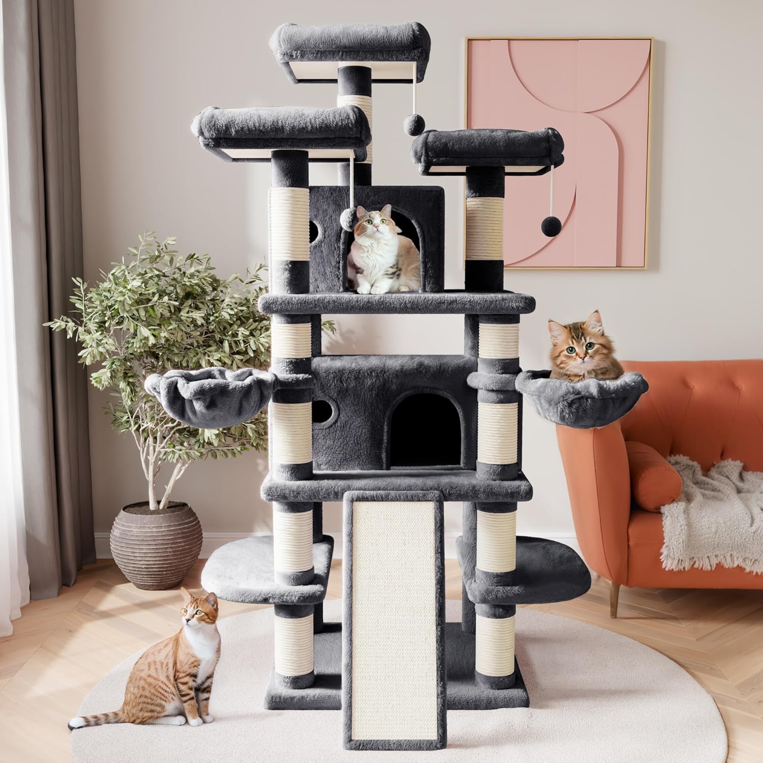 SHA CERLIN 68 Inches Multi-Level Large Cat Tree for Large Kitties/Big Cat Tower with Condo/Cozy Plush Pussycat Perches/Sisal Scratching Posts and Hammocks/Activity Center/Dark Grey - Image 2