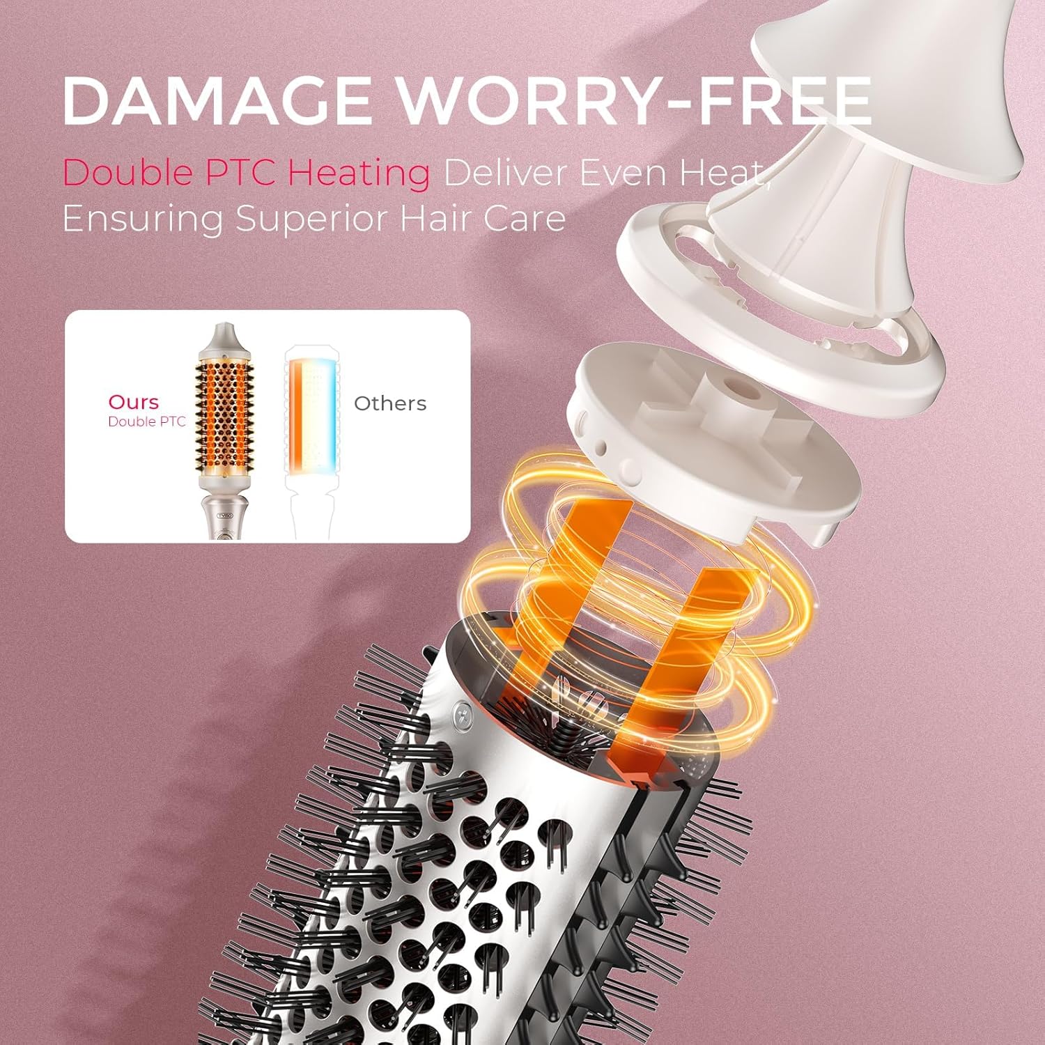TYMO 2.0 Thermal Brush Curling Brush - STYLUX 1.7" Blowout Volumizer with Flexi-Fit for Hair Straightening, Heated Round Styler Tool, Hair Straightener and Curler 2 in 1, Dual Voltage & Light, Gold - Image 6