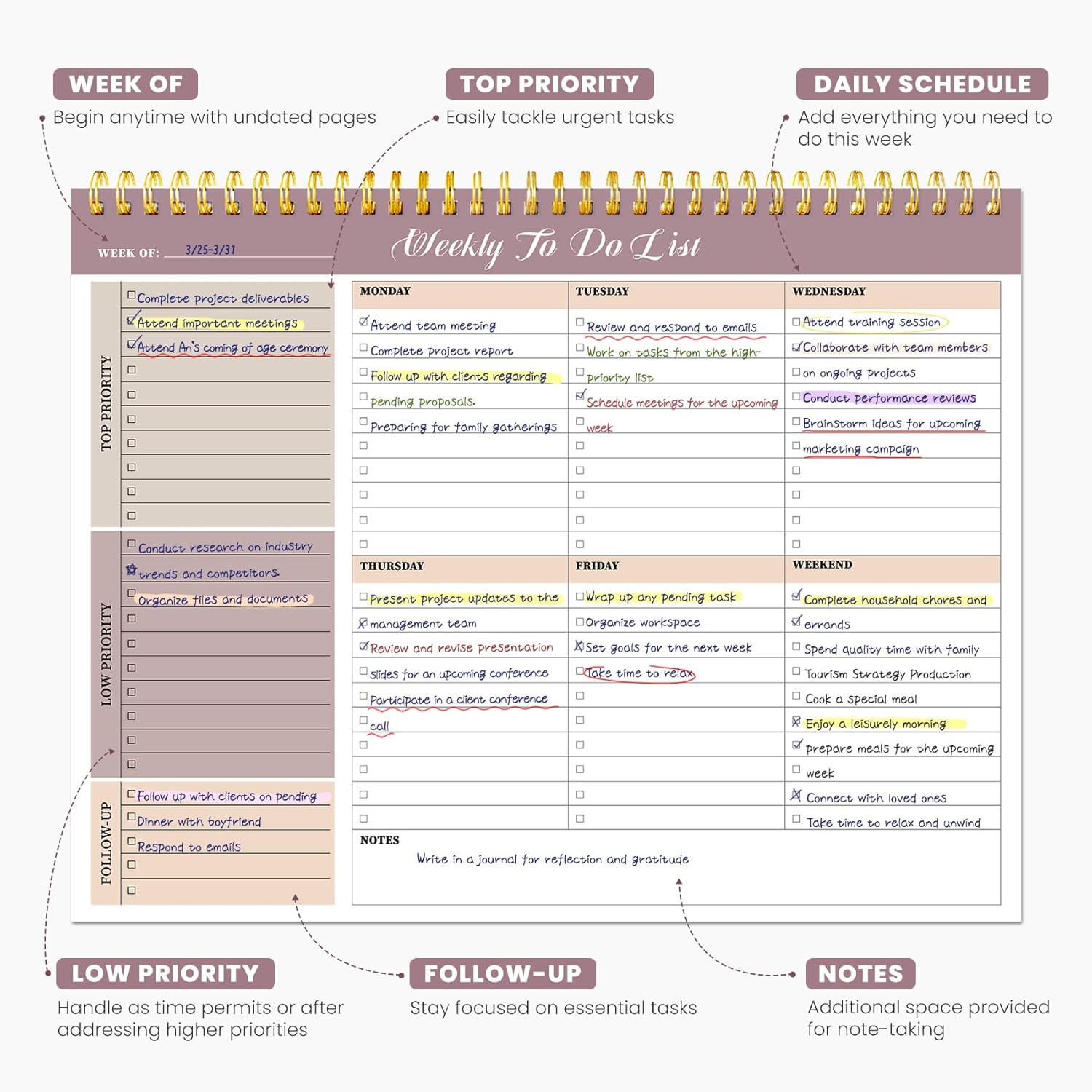 Weekly To Do List Notepad with 52 Undated Sheets(8.5"×11")- Undated Weekly Planner Notepad for Office Desk Accessories and Supplies - Midnight Lilac - Image 2
