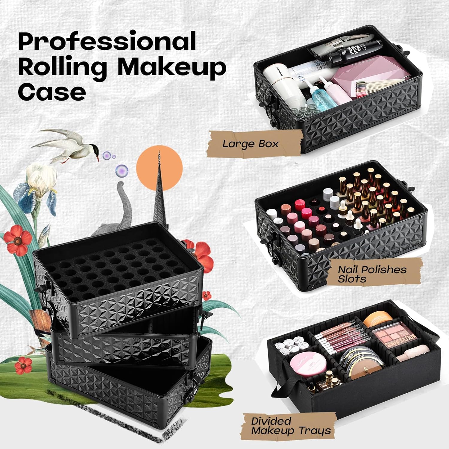 Yueieoun 5 in 1 Makeup Train Case, Cosmetology Case on Wheels Travel Make up Case Rolling Nail Cart Makeup Organizer Cosmetic Storage Box Cases Extra Large Trolley Truck with 360° Swivel Wheels, Black - Image 2
