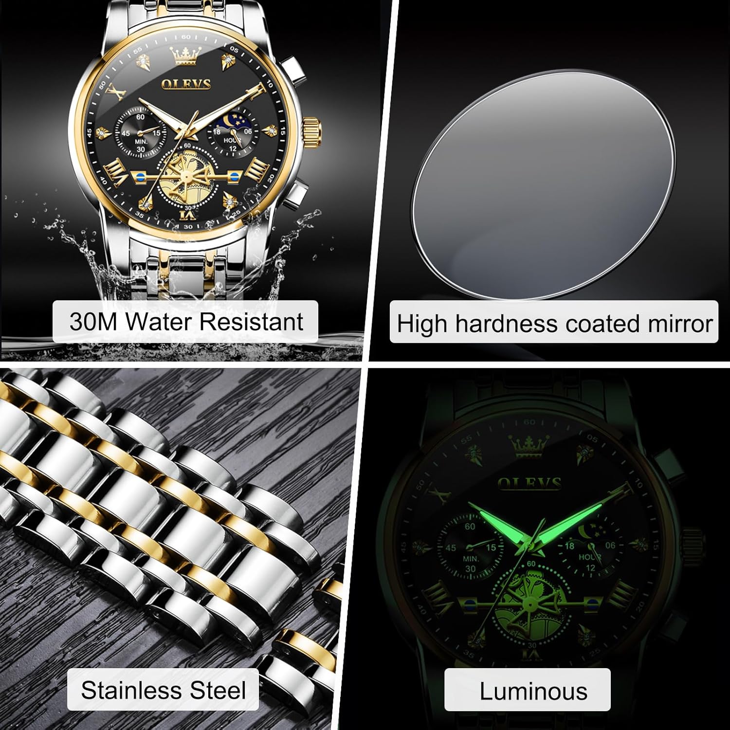 OLEVS Men Watches Stainless Steel Chronograph Watch, Large Wrist Analog Quartz Watch, Fashion Waterproof Diamond Roman Numerals Dress Watches for Men, Gold/Black/White/Blue/Grey Dial - Image 4