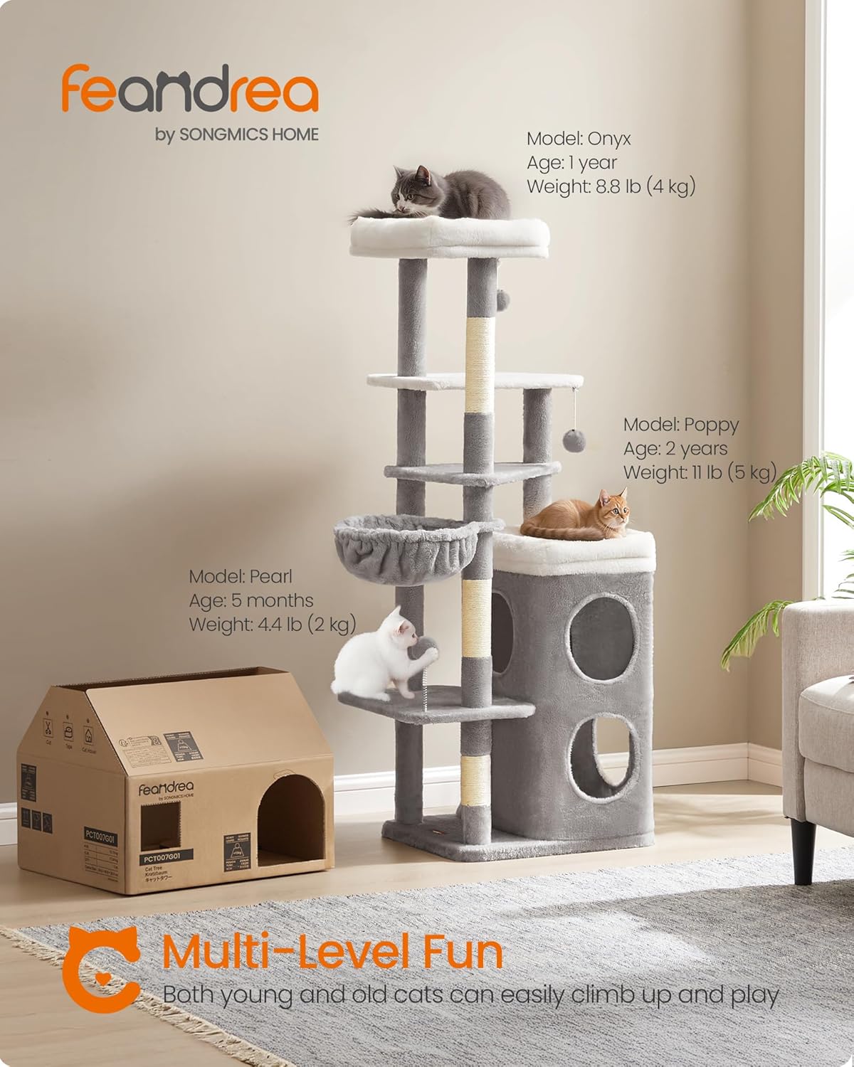 Feandrea Cat Tree, 60-Inch Cat Tower, Multiple-Level Plush Condo with 2 Caves, 3 Scratching Posts, 3 Perches, Dove Gray UPCT007G01 - Image 2