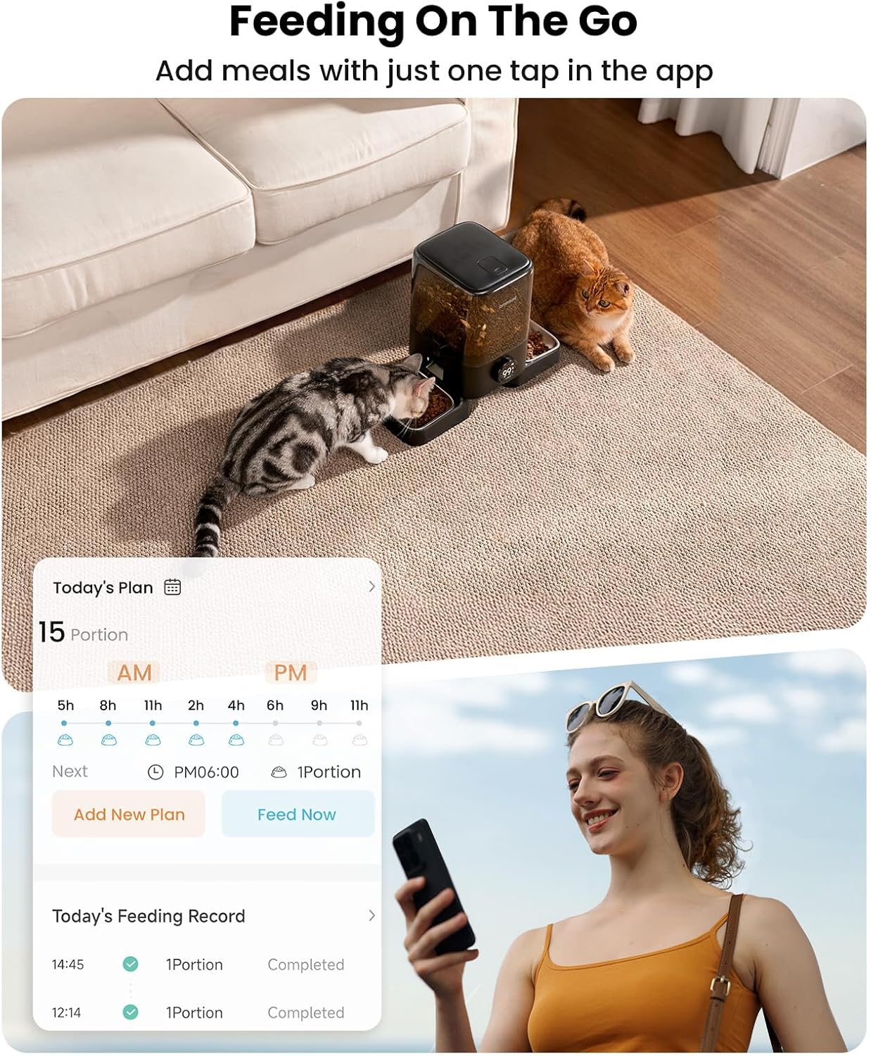 oneisall Cordless WiFi Automatic Cat Feeder for 2 Cats, Rechargeable 100-Day Battery Operated Auto Cat Feeder, 20 Cups/5L Timed Cats Food Dispenser Automatic for Large Kibble, Smart App Control - Image 2