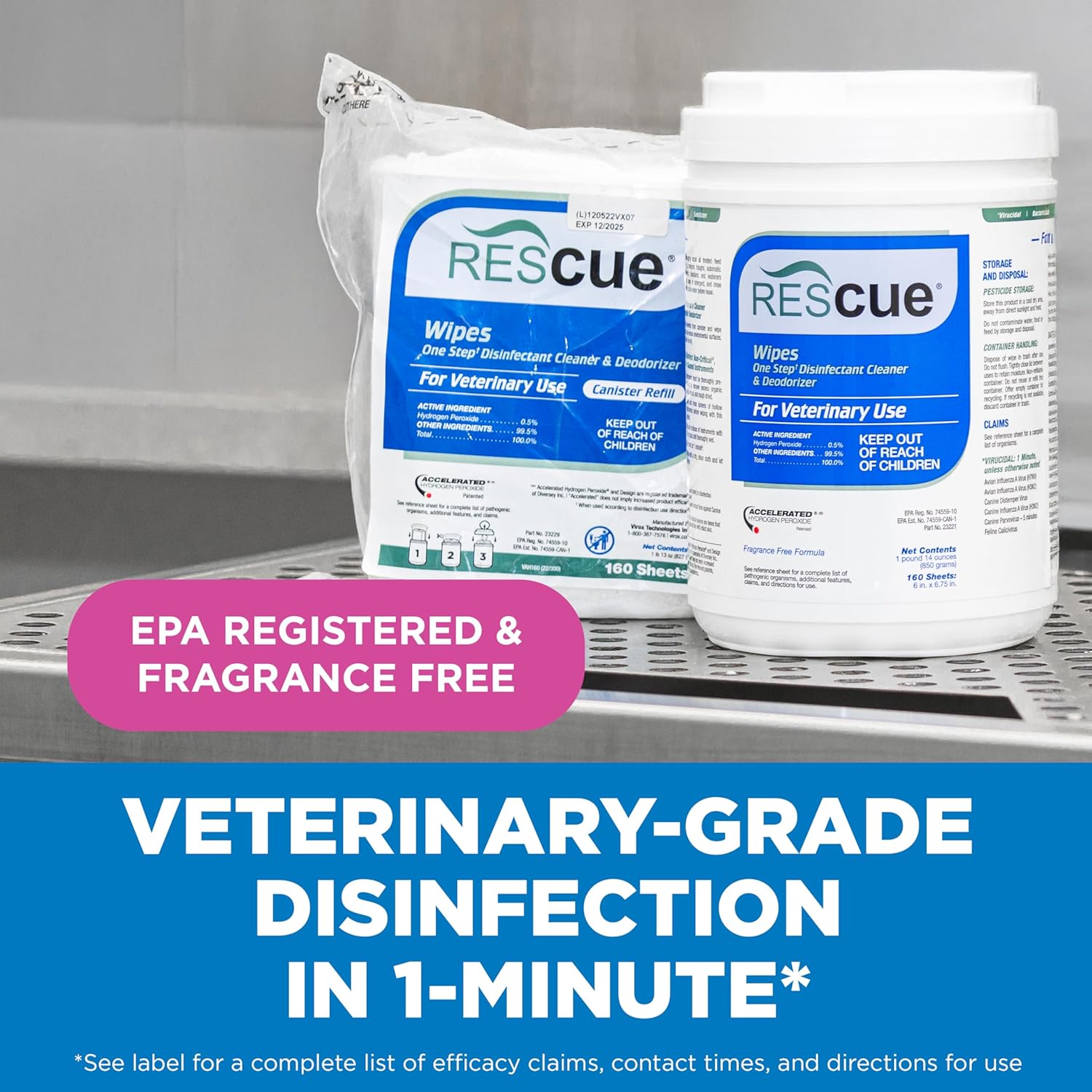 REScue One-Step Disinfectant Cleaner & Deodorizer Wipes for Vet Use – Cleaner for Kennels, Litter Boxes, Vet Offices, Pet Grooming Surfaces, Pet Items – Wipes Canister, 160-Count (Pack of 1) - Image 2