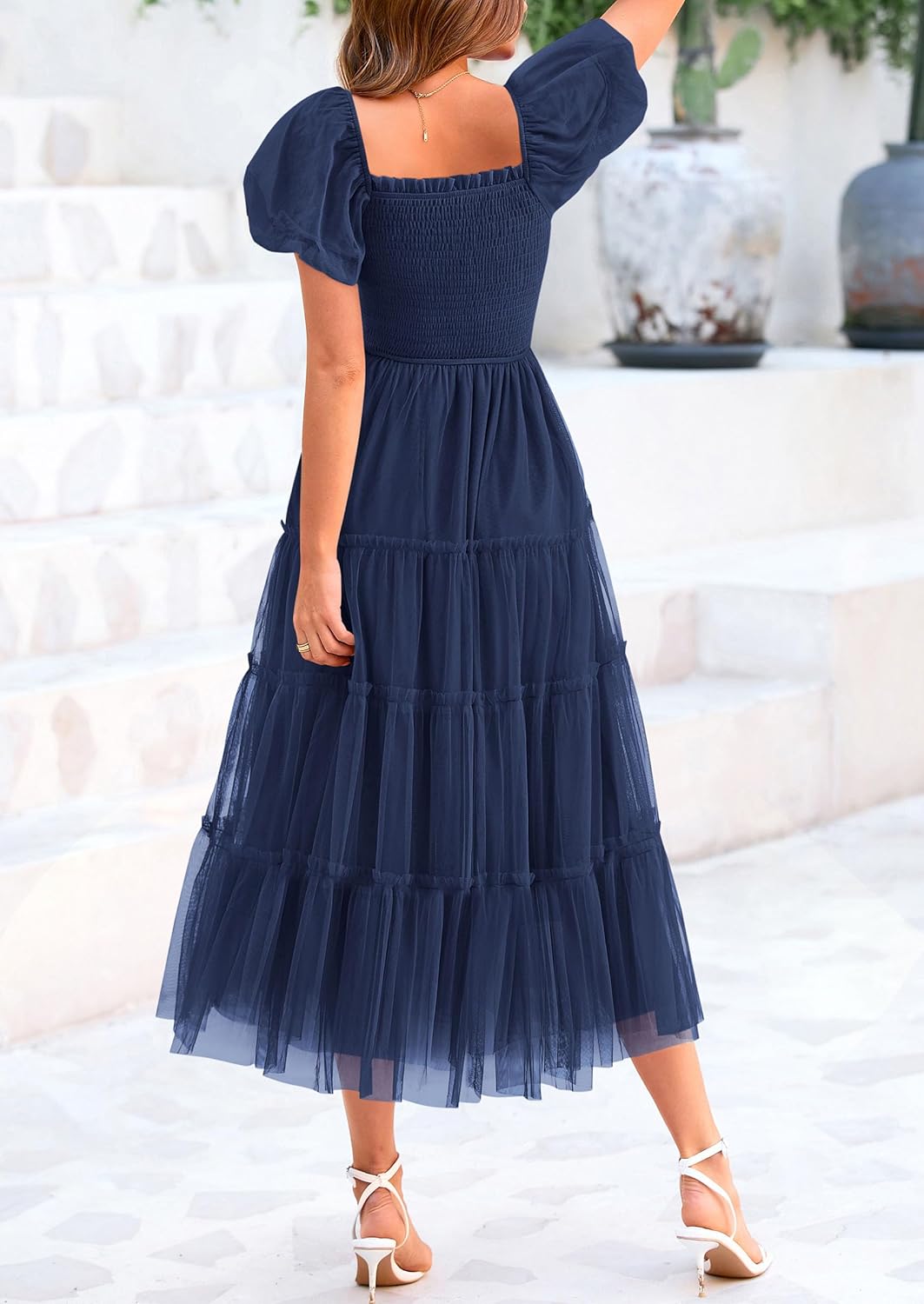 PRETTYGARDEN Women's Smocked Midi Tulle Dress 2026 Summer Puffy Short Sleeve Square Neck Ruffle Wedding Guest Party Dresses - Image 2