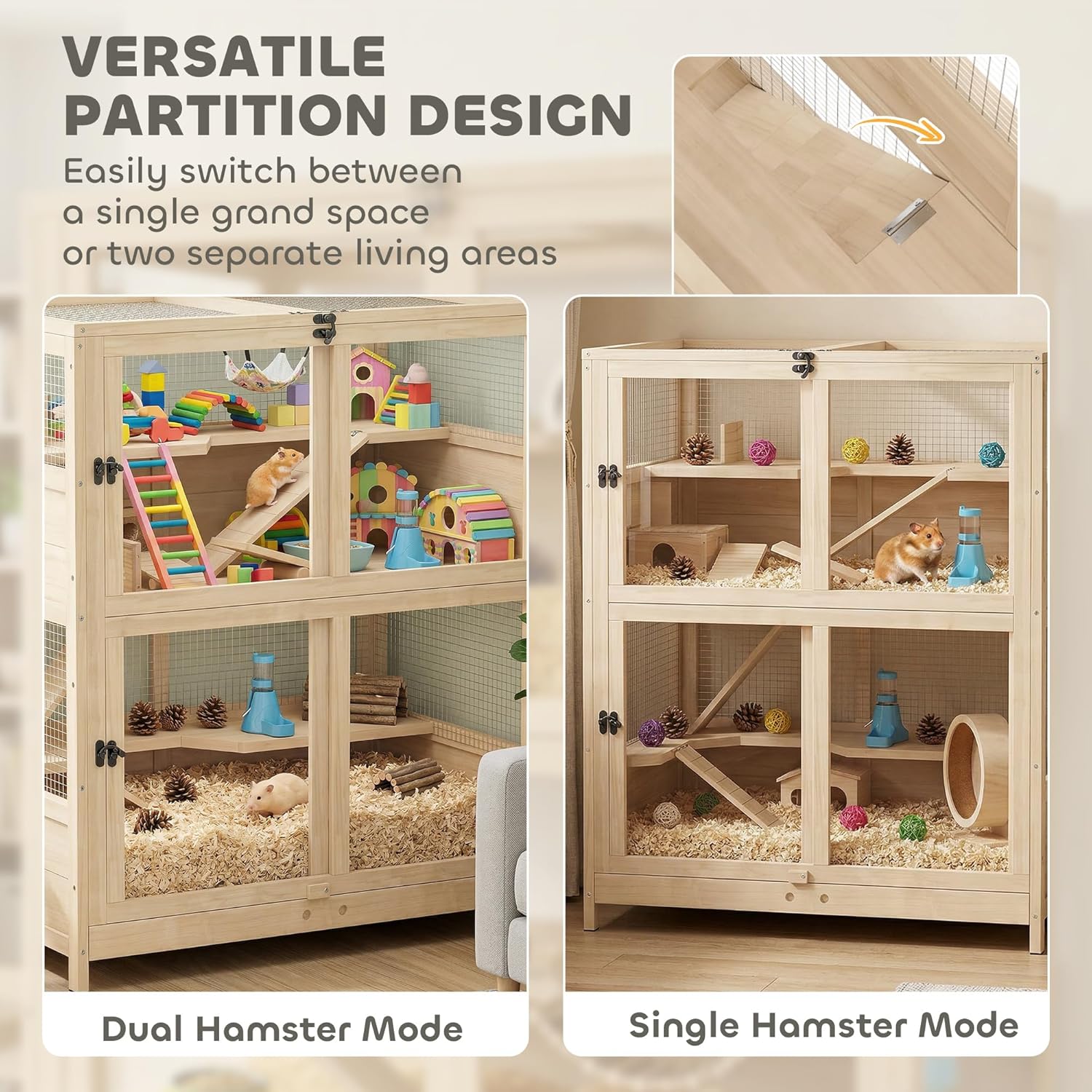 PawHut Wooden Hamster Cage, 4 Tier Small Animal Cage with Mesh Flip Roof, Pull-Out Tray, Huts, Seesaws, Ramps and Water Bottles, Hamster Habitat for Dwarf Syrian Mice Gerbil, 33" x 21" x 36" - Image 4
