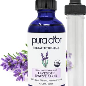 PURA D’OR Organic Lavender Essential Oil (4oz with Glass Dropper) 100% Pure & Natural Therapeutic Grade for Hair, Body, Skin, Aromatherapy Diffuser, Relaxation, Meditation, Massage, Home, DIY Soap