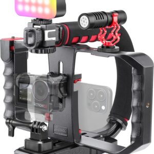 Zeadio All-in-One Smartphone Camera Stabilizer Kit, Portable Handheld Video Rig with RGB Video Light and Microphone, Fits for All Camcorder, Camera, DSLR and All iPhone and Android Smartphones