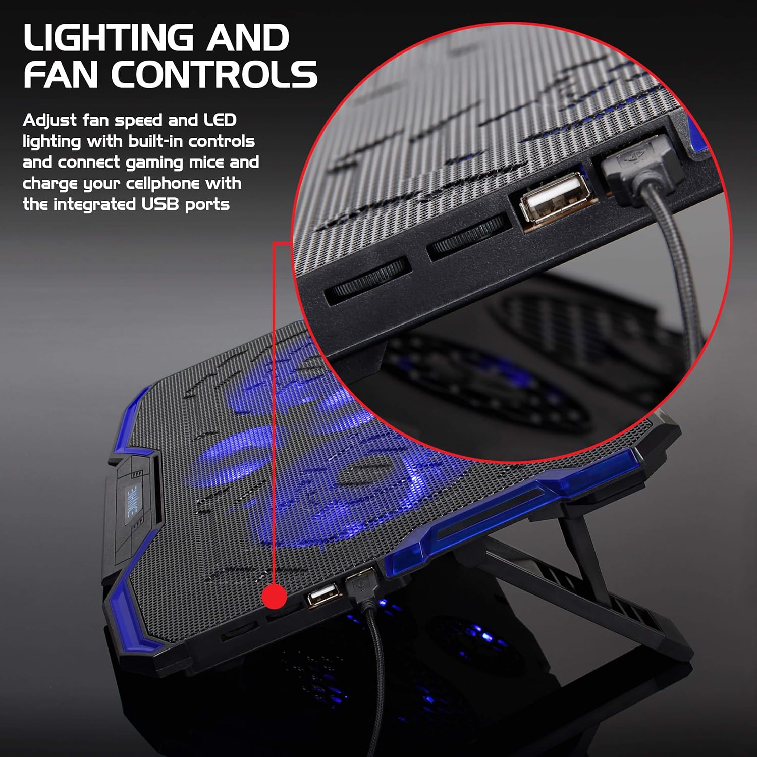 ENHANCE Cryogen Gaming Laptop Cooling Pad - Fits 17 in Computer- Adjustable Laptop Cooling Stand with 5 Quiet Cooler Fans, 2 USB Ports and LED Lighting - Slim Portable Design 2500 RPM (Blue) - Image 5
