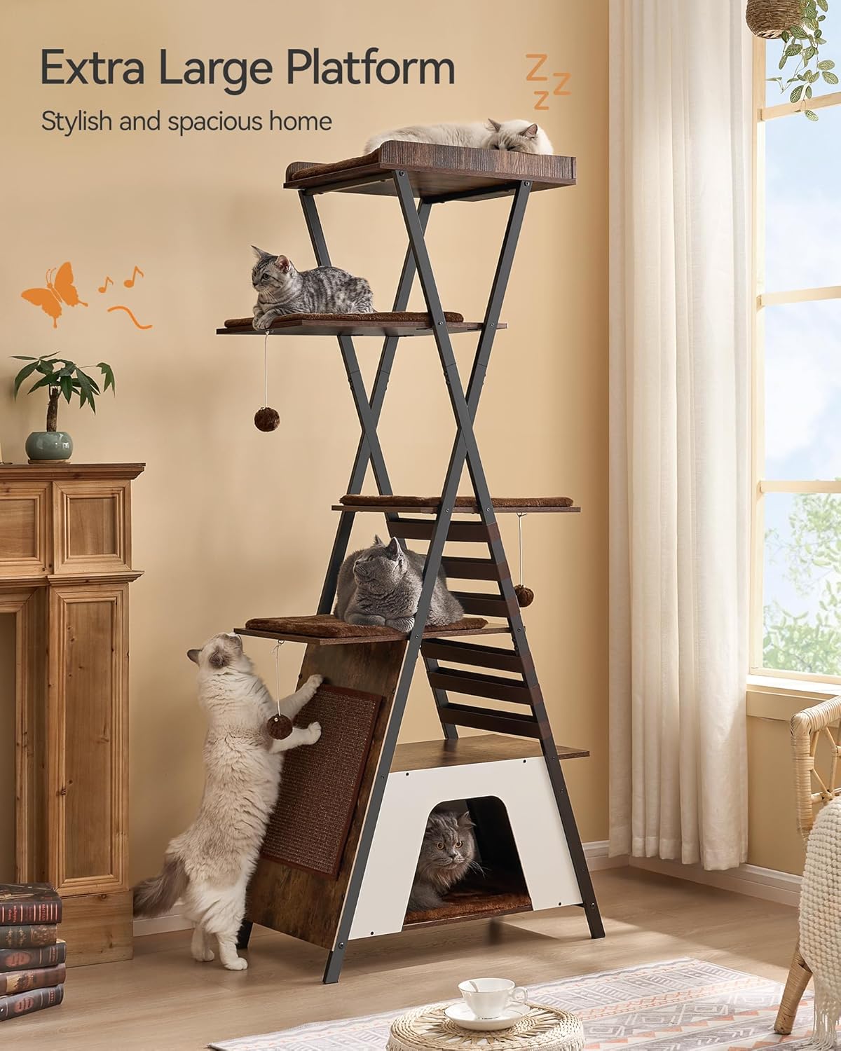FourFurPets 72.4" Modern Cat Tower for Indoor Cats - Multi-Level Condo With Caves, Tall Tree With Scratching Board, Wooden Tower With Large Perch, Removable Pads, Rustic Brown - Image 3