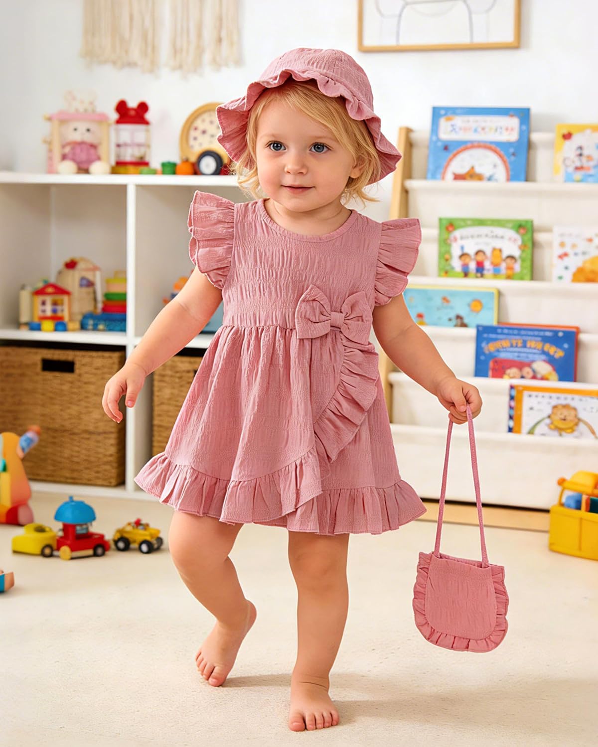 SODLON Toddler Baby Girl Dress Summer Clothes Outfits Ruffle Sleeveless Bow Dresses Beach Vacation Sundress with Hat - Image 4
