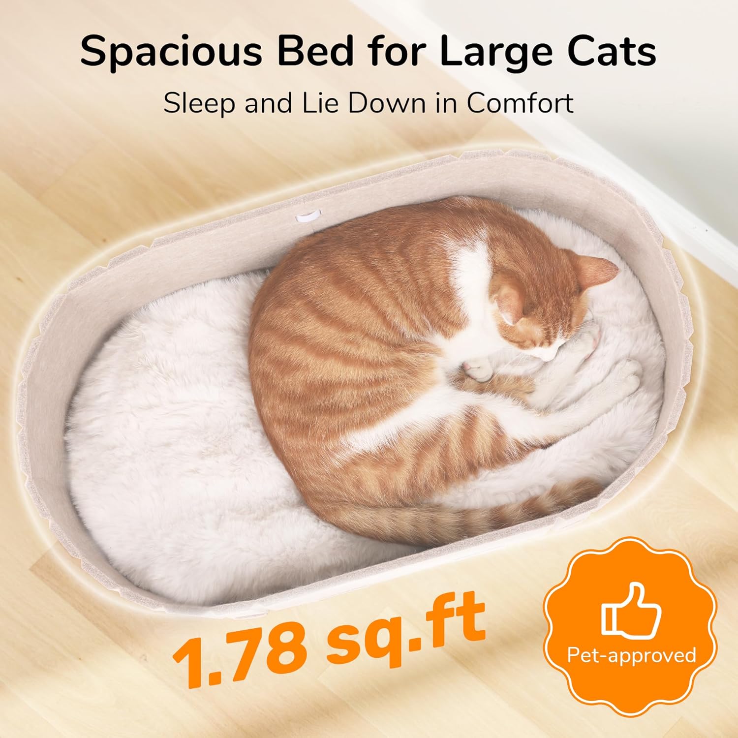 FUKUMARU Cat Beds for Indoor Cats, 24 Inch Large Cat Couch Bed with Cozy Faux Rabbit Fur Cushion, Felt Cats House Sofa in Oval Shape, Camel - Image 2
