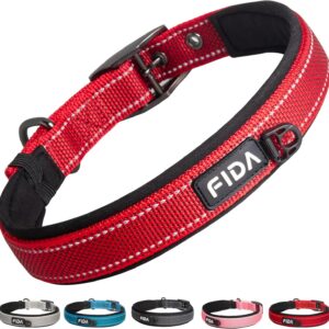 Fida Heavy Duty Dog Collar, Ultra Comfortable Soft Neoprene Padded, Adjustable Reflective Nylon Pet Collar with Durable Metal Belt Buckle for Medium Breeds (M, Red)