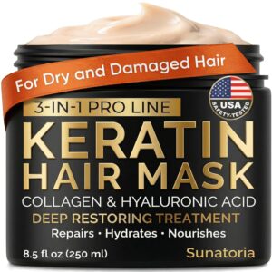 SUNATORIA Keratin Hair Mask – Deep Repair for Dry, Damaged Hair – Hydrolyzed Keratin, Hyaluronic Acid, Argan Oil and Collagen – Sulfate-Free, Paraben-Free| 8.5 fl oz