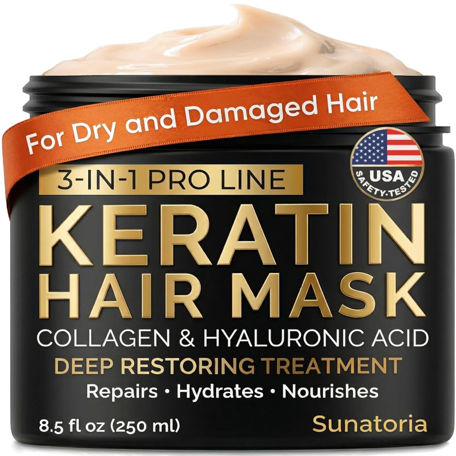 SUNATORIA Keratin Hair Mask - Deep Repair for Dry, Damaged Hair - Hydrolyzed Keratin, Hyaluronic Acid, Argan Oil and Collagen - Sulfate-Free, Paraben-Free| 8.5 fl oz