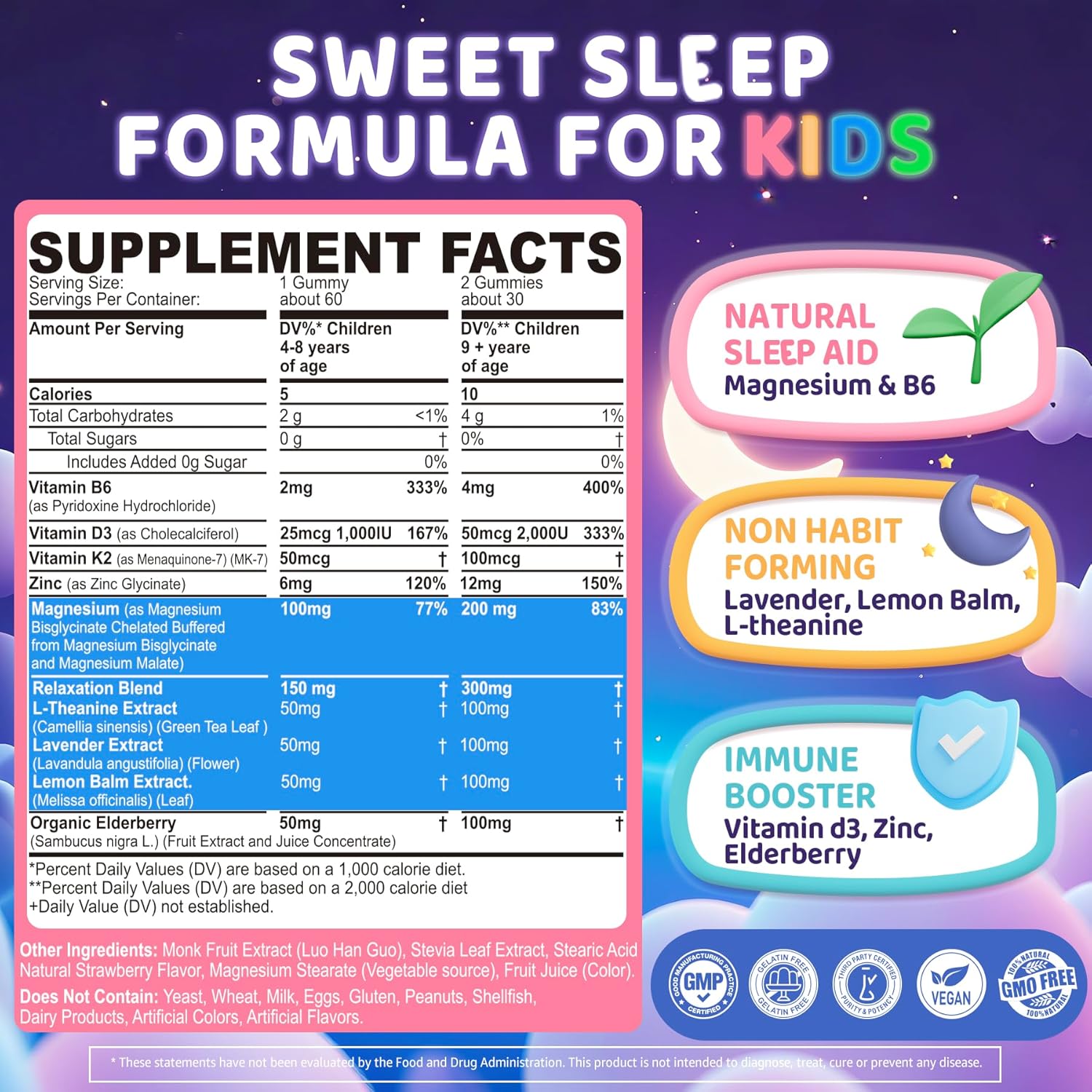 Kids Sleep Gummies, NO Melatonin Sleep Aid Gummies w/ Magnesium Glycinate, Magnesium Malate, L-Theanine, Lavender, B6, Zinc, D3K2 for Restful Sleep, Relax Brain & Muscle, Immune Support, Non-GMO 2Pack - Image 2