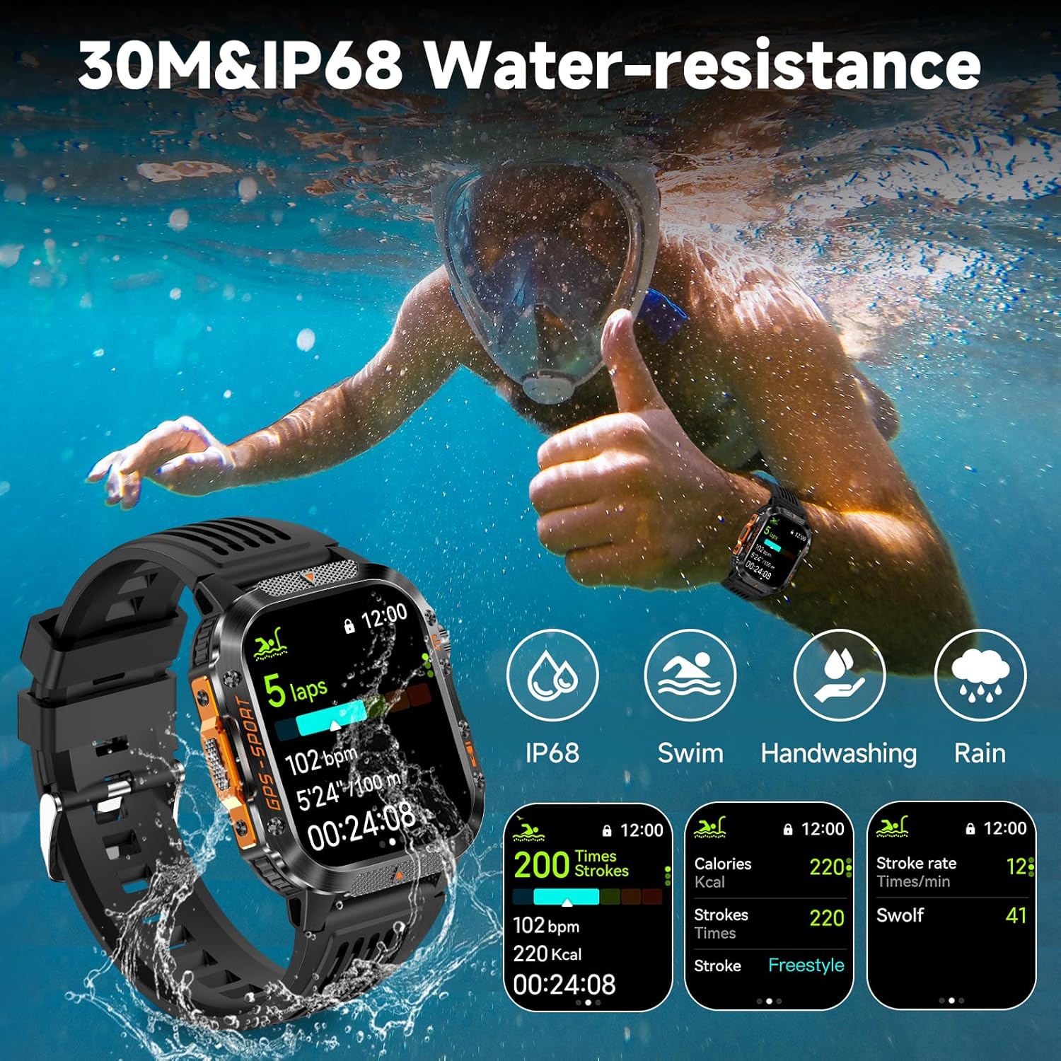 GPS Smart Watch for Men (Answer/Make Calls), 2.01'' Military Rugged Smartwatches for Android iPhone Fitness Tracker with Compass/10 Days Battery/Heart Rate/Sleep/100+ Sport Modes(2 Straps) - Image 5