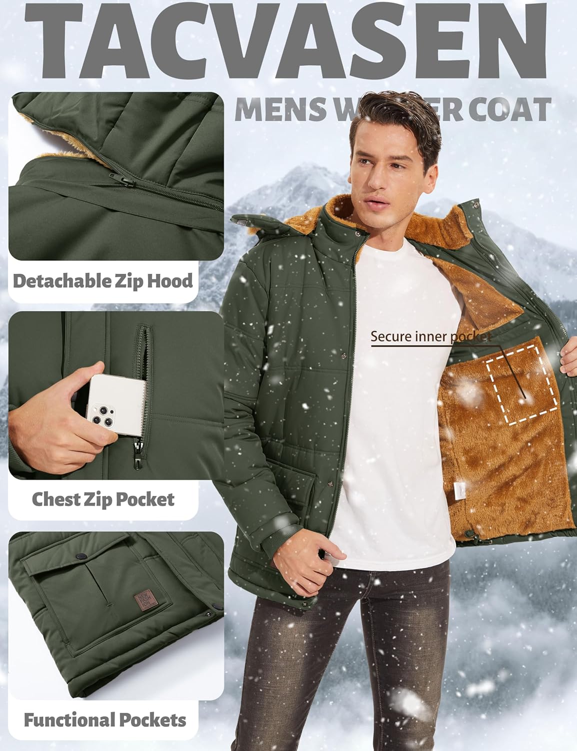 TACVASEN Men's Winter Jacket with Hood Water Repellent Windproof Thicken Parka Winter Coat - Image 6