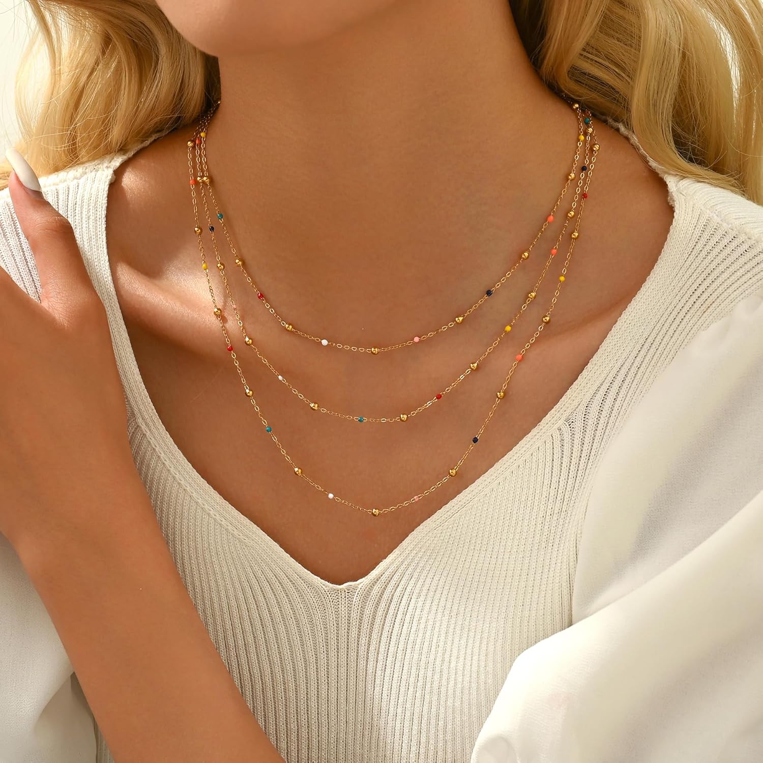 NONAMOIS Gold Chain Necklace for Women Dainty 18K Gold Plated Thin Satellite Beaded Turquoise Necklace Simple Layered Boho Jewelry Christmas Gifts - Image 4