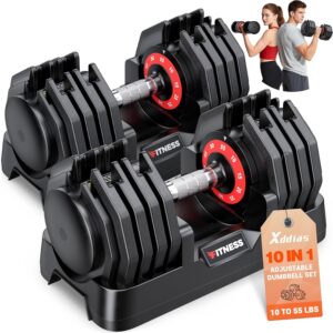 XDDIAS Adjustable Dumbbells Set of 2 for Strength Training, One-Hand Quick Adjust, 25/55/80/90 lbs Options, Anti-Slip Grip Handle, Compact Home Gym Weights for Men Women