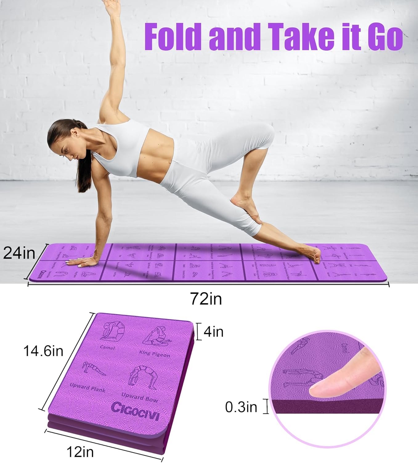Foldable Thick Yoga Mat with Asanas Poses -Christmas Gifts for Wife and Girls, Non-slip 8mm Thicken Instructional Exercise Mat for Home Workout, 72"x24"x0.3" (Purple) - Image 8