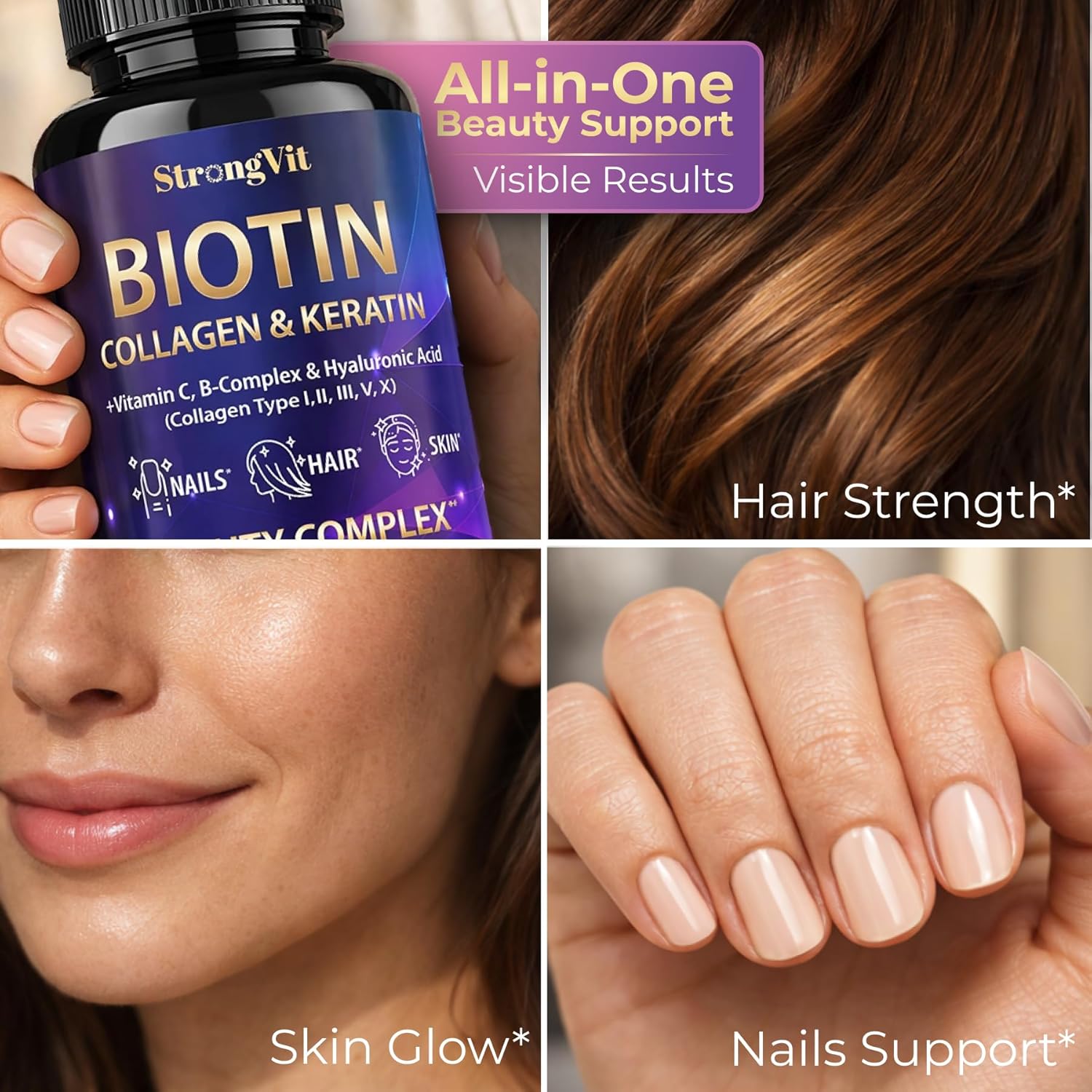 StrongVit Biotin with Hyaluronic Acid, Keratin and Collagen Supplements - 10000mcg for Hair Growth Women and Men - Hair Skin and Nails Vitamins - 60 Capsules - Image 5