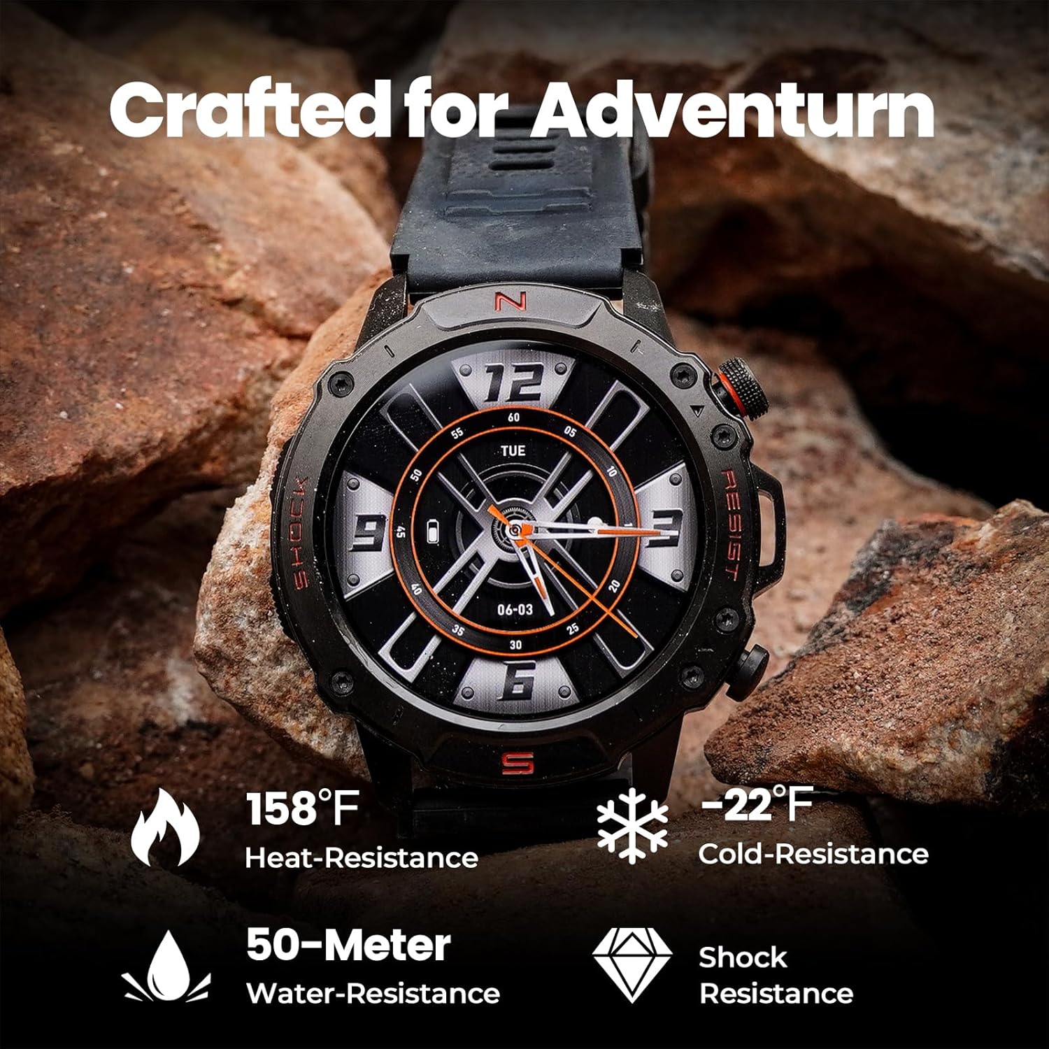 WalkerFit Outdoor Smart Watch for Men, 1.43" AMOLED Black Silicone Band, 5ATM Waterproof for Hiking Climbing Trail Run Swim, 170+ Sports, Compass Heart Rate SpO2, Adventure Watch for iPhone Android - Image 2