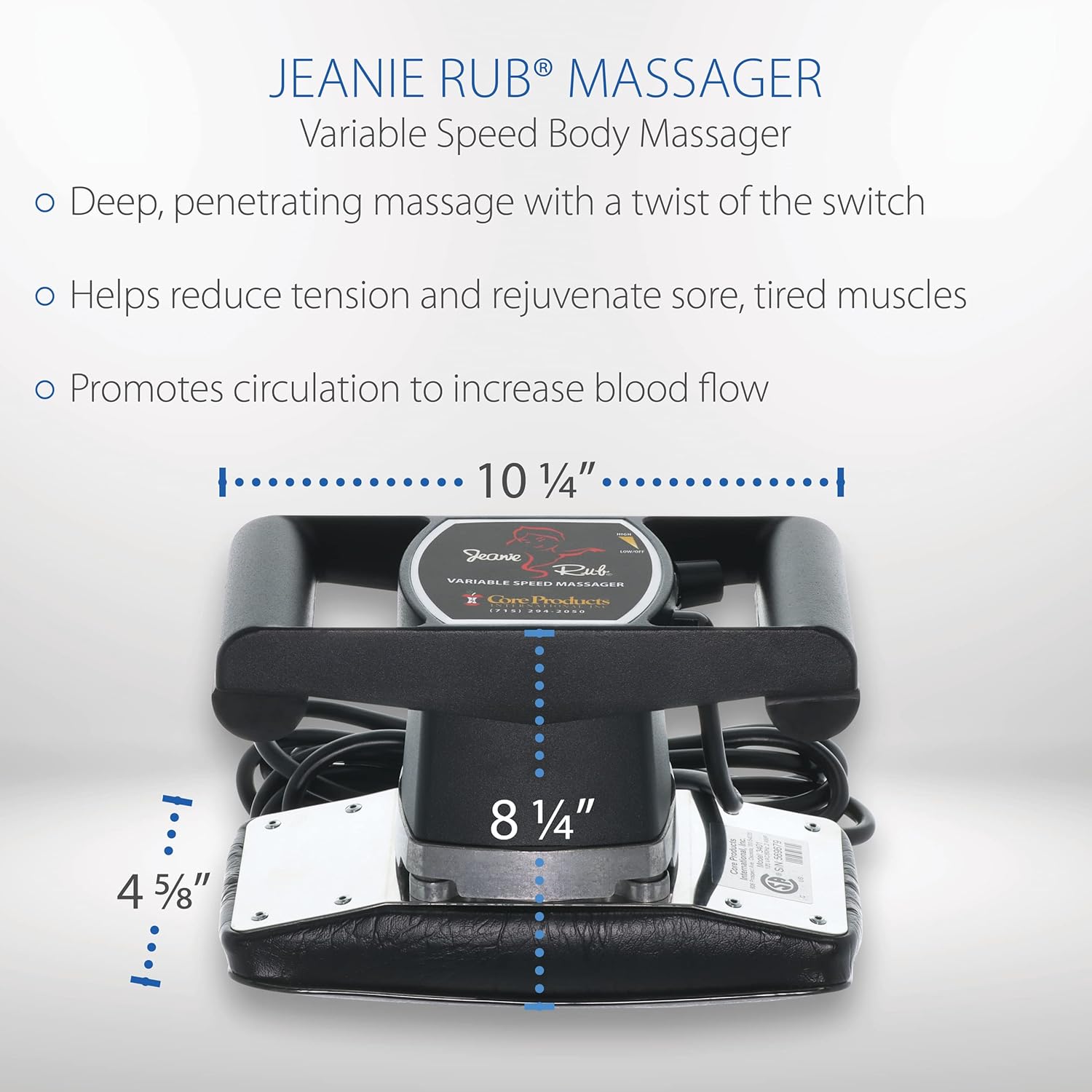 Core Products Jeanie Rub Massager Deluxe Package - Variable Speed Electric Massager for Deep Tissue Pain Relief, Full Body Massage, Back & Shoulder Massager w Fleece Pad Cover & Trigger Point - Image 9