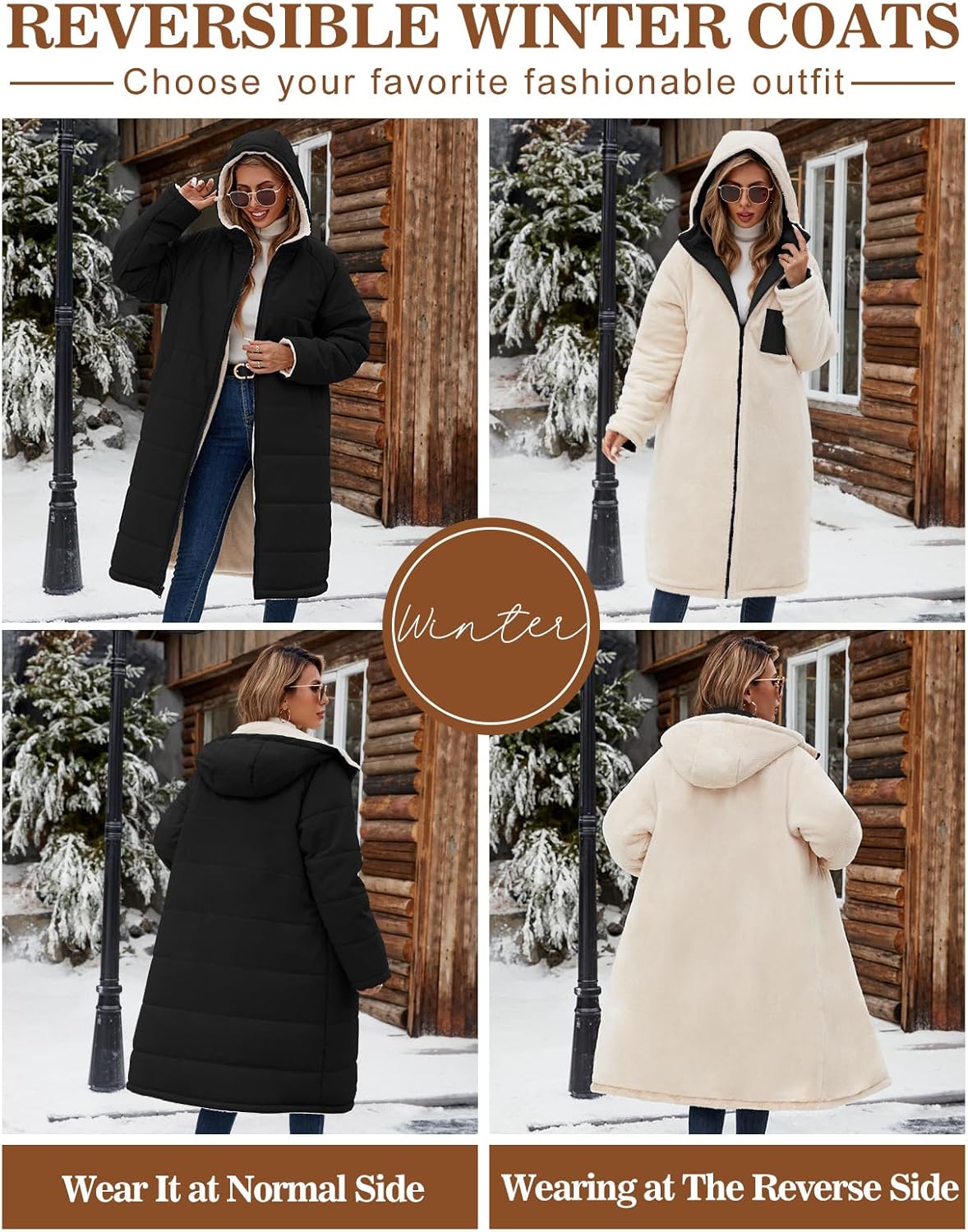 Womens Winter Coat Long Coats Sherpa Fleece Quilted Puffer Jackets with Hood Zip Warm Thicken Outwear - Image 3