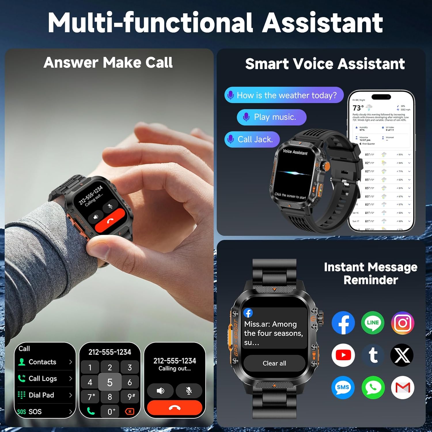 GPS Smart Watch for Men (Answer/Make Calls), 2.01'' Military Rugged Smartwatches for Android iPhone Fitness Tracker with Compass/10 Days Battery/Heart Rate/Sleep/100+ Sport Modes(2 Straps) - Image 7