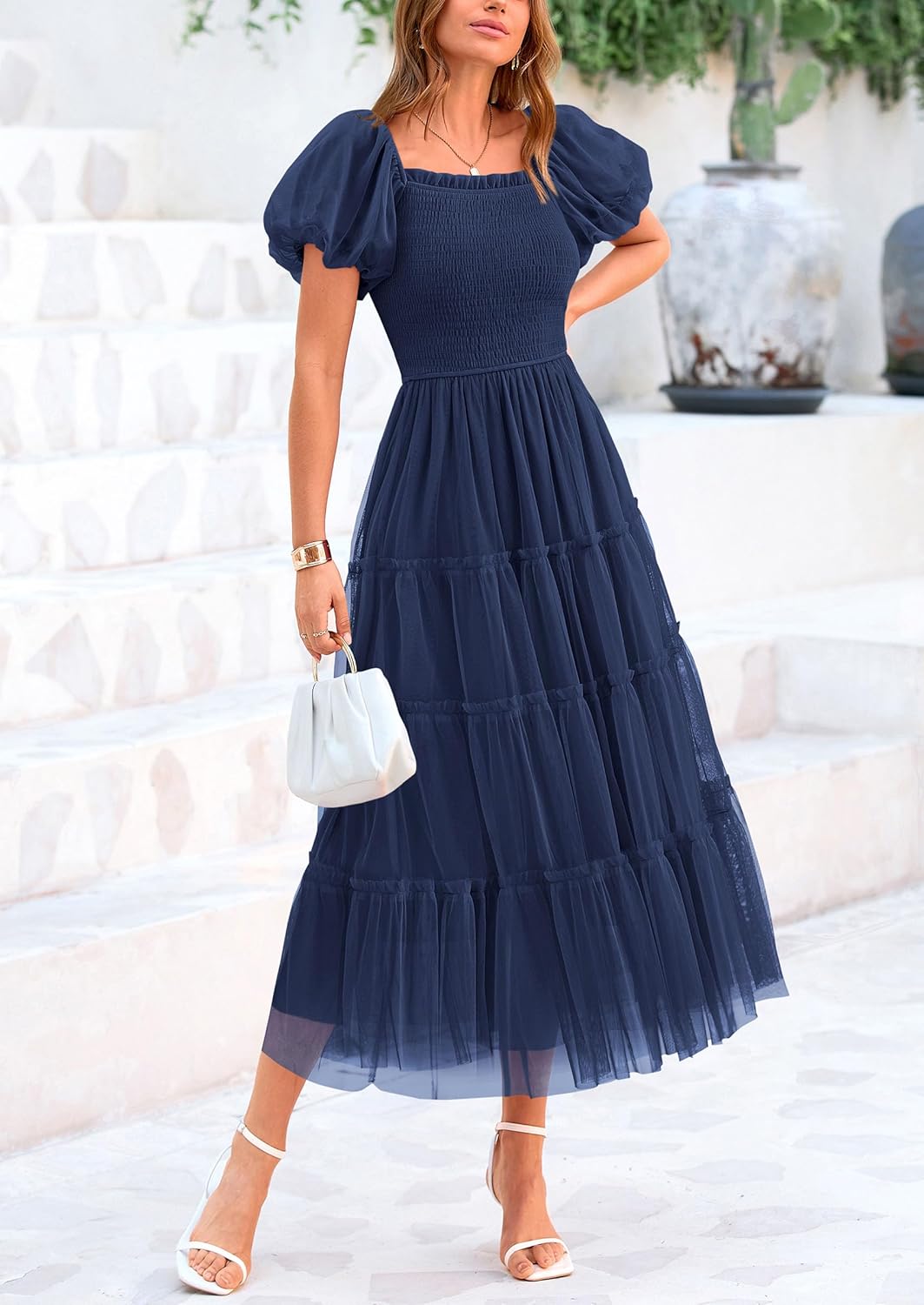PRETTYGARDEN Women's Smocked Midi Tulle Dress 2026 Summer Puffy Short Sleeve Square Neck Ruffle Wedding Guest Party Dresses - Image 4