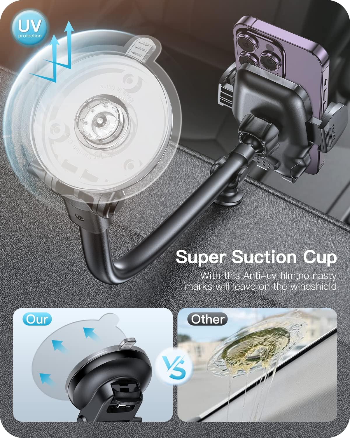 APPS2Car 13" Gooseneck Phone Mount for Car Windshield Dashboard Vent, Cell Phone Holder for Car Truck with Strong Suction Cup, Anti-Shake Stabilizer, One-Hand Operation, Fits Most Smartphones - Image 5
