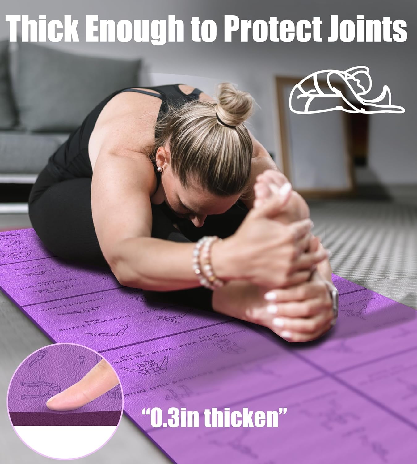 Foldable Thick Yoga Mat with Asanas Poses -Christmas Gifts for Wife and Girls, Non-slip 8mm Thicken Instructional Exercise Mat for Home Workout, 72"x24"x0.3" (Purple) - Image 6