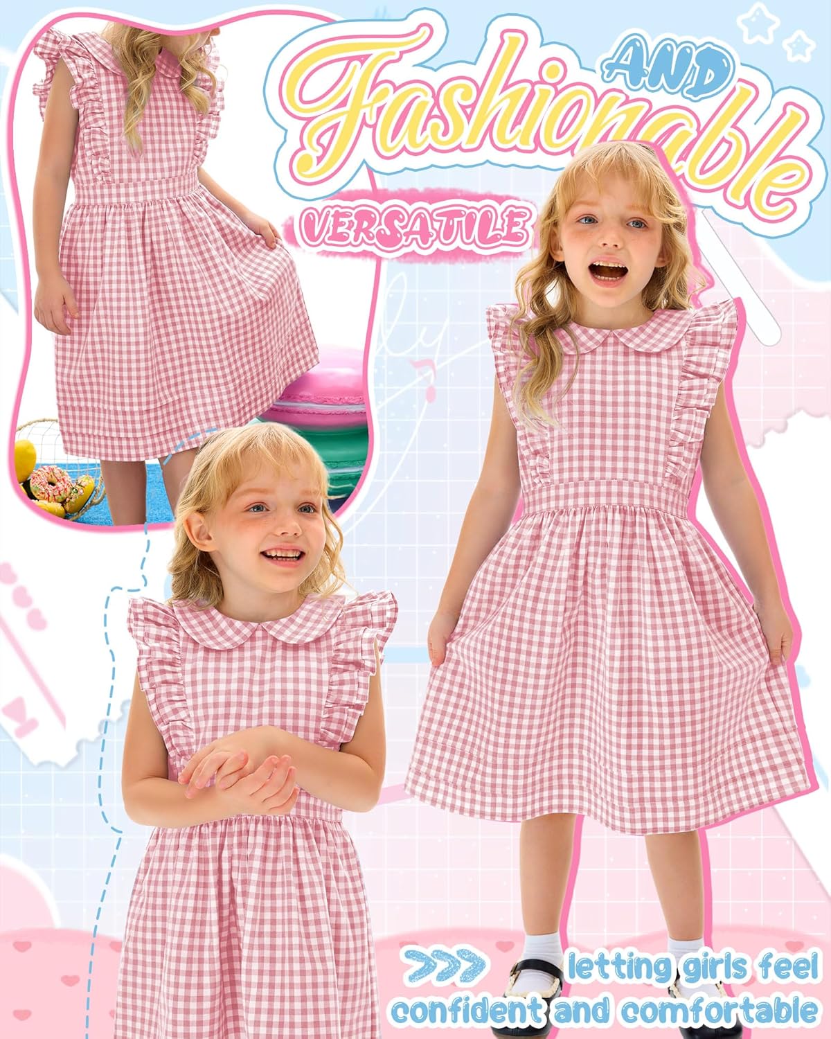 Yooo's Vivi Toddler Girls' Dress Gingham Midi Baby Plaid Dress Ruffle Sleeves Doll Collar Summer Outfits with Zipper 18M-5T - Image 6