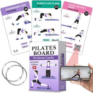 Pilates Board Workout Cards – 67 Exercise Cards with Videos & Workout Plan – Includes 5-Week Challenge, Ebook, Progress Chart & 2 Rings for Easy Organization – Home Portable Reformer Guide for Women