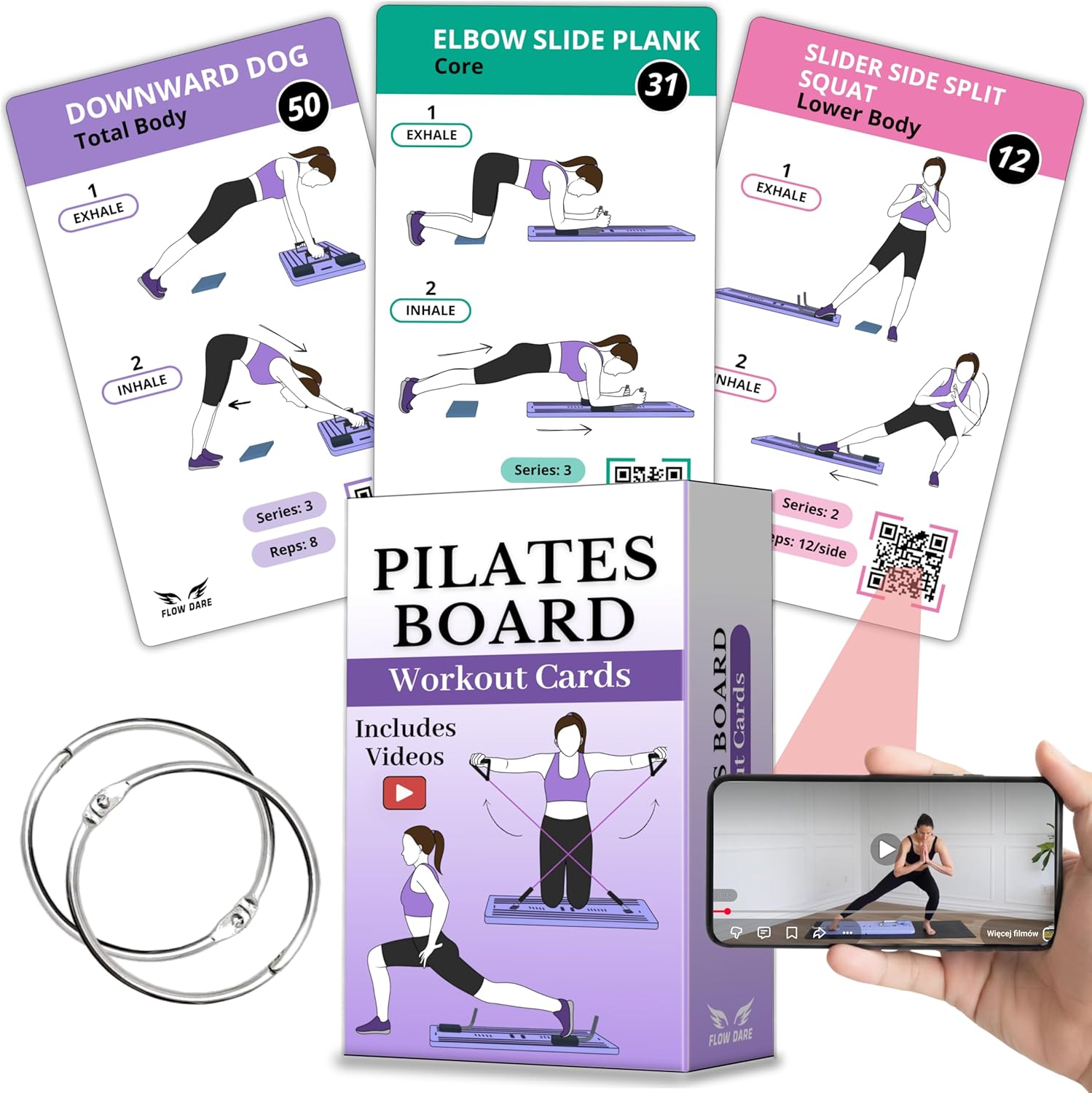 Pilates Board Workout Cards – 67 Exercise Cards with Videos & Workout Plan - Includes 5-Week Challenge, Ebook, Progress Chart & 2 Rings for Easy Organization - Home Portable Reformer Guide for Women
