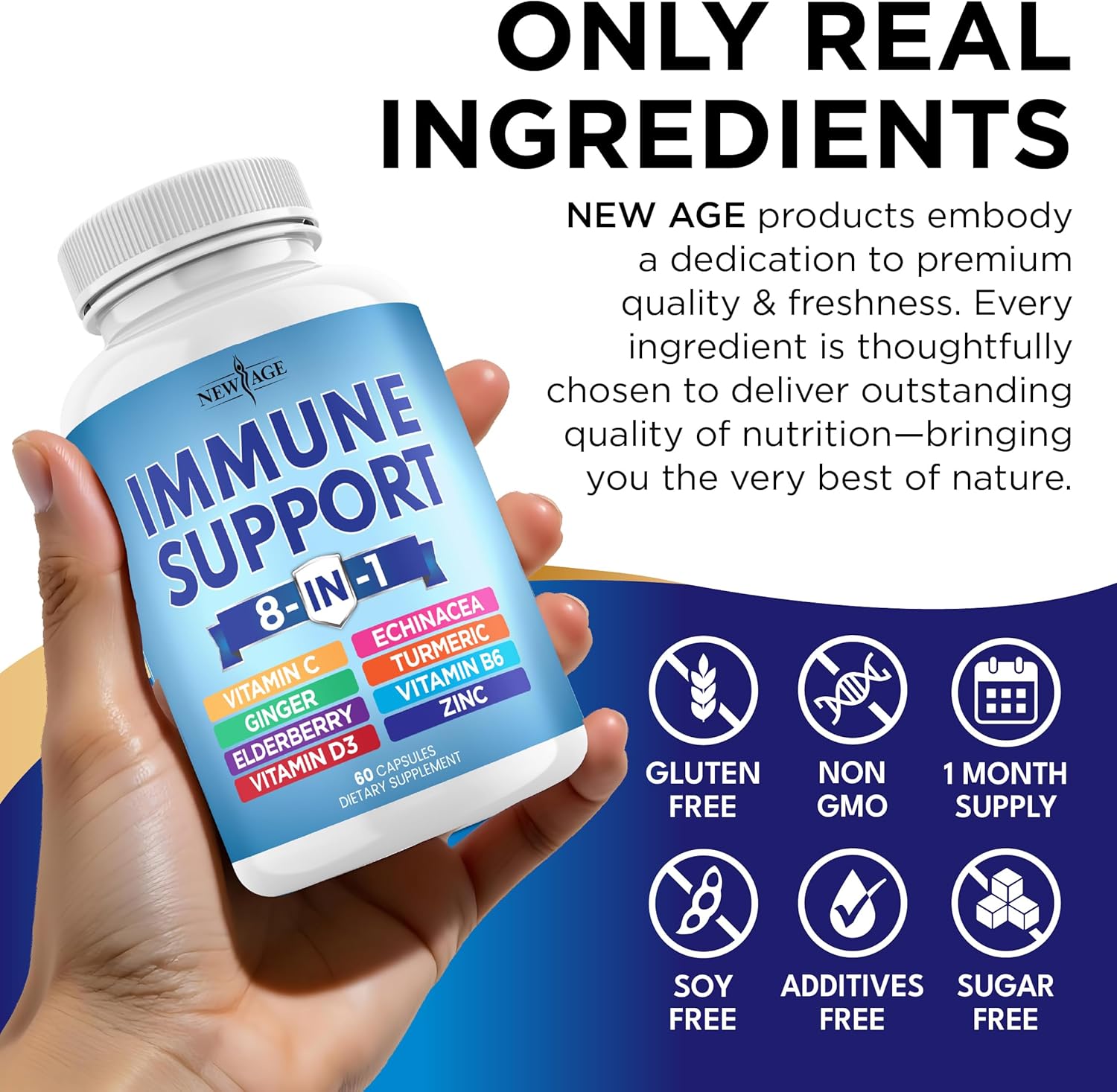 NEW AGE 8 in 1 Immune Support Booster Supplement with Echinacea, Vitamin C and Zinc 50mg, Vitamin D 5000 IU, Turmeric Curcumin & Ginger, B6, Elderberry 60 Count (Pack of 1) - Image 6