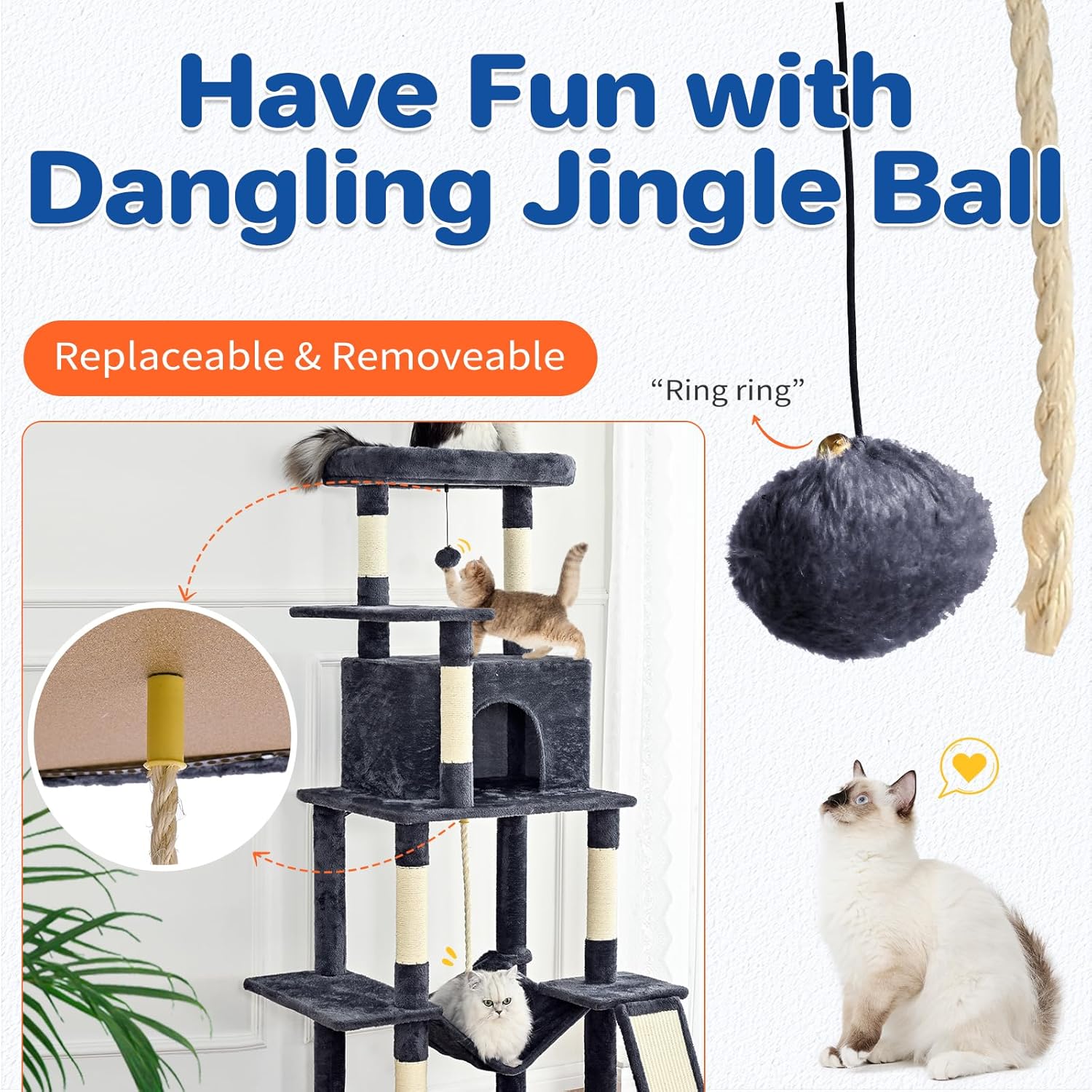 ABCPET Cat Tree Tower 63in Multi-Level Cat Tower for Indoor Cats with Sisal Scratching Posts, Condo, Hammock, Dangling Ball and Extended Platform for Cats to Play, Dark Grey - Image 4