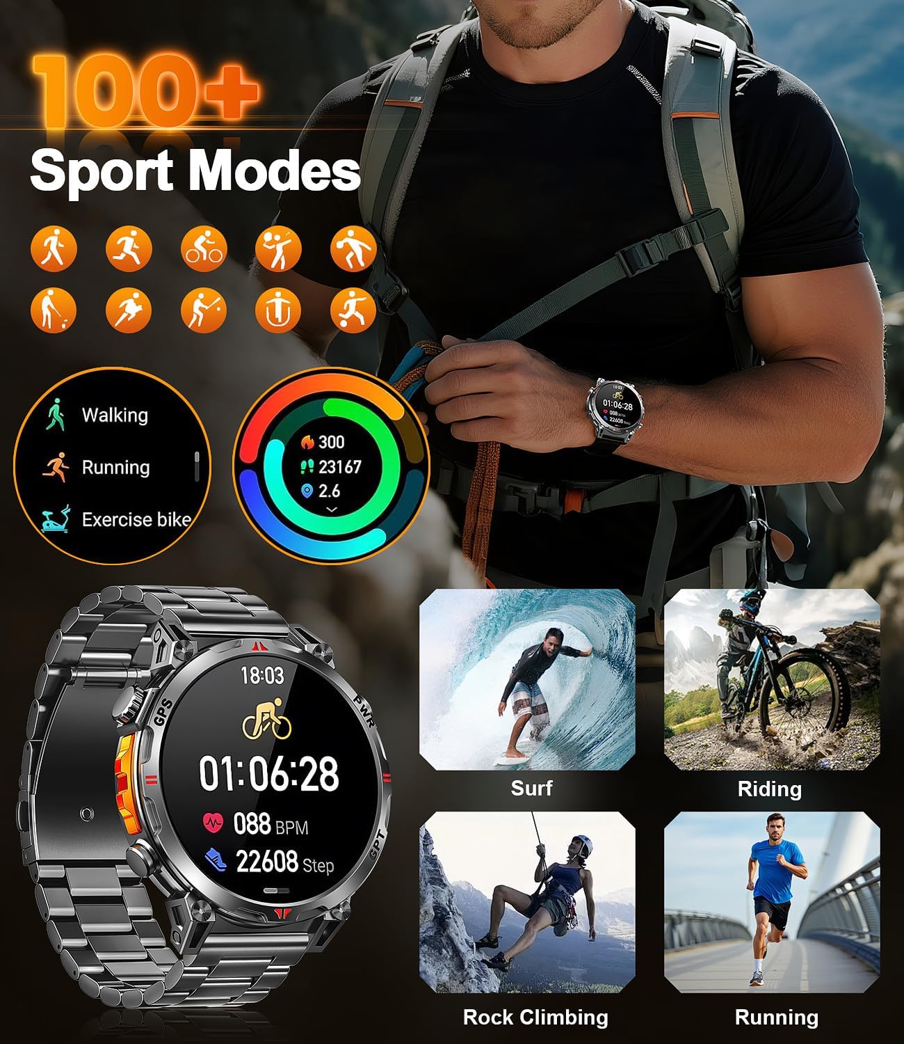 Military Smart Watches for Men GPS, 1.56" AMOLED Screen Bluetooth Call, Smartwatch for Android Phones and iPhone, 100+ Sport Modes, 3ATM Waterproof Smart Watch with Compass - Image 6