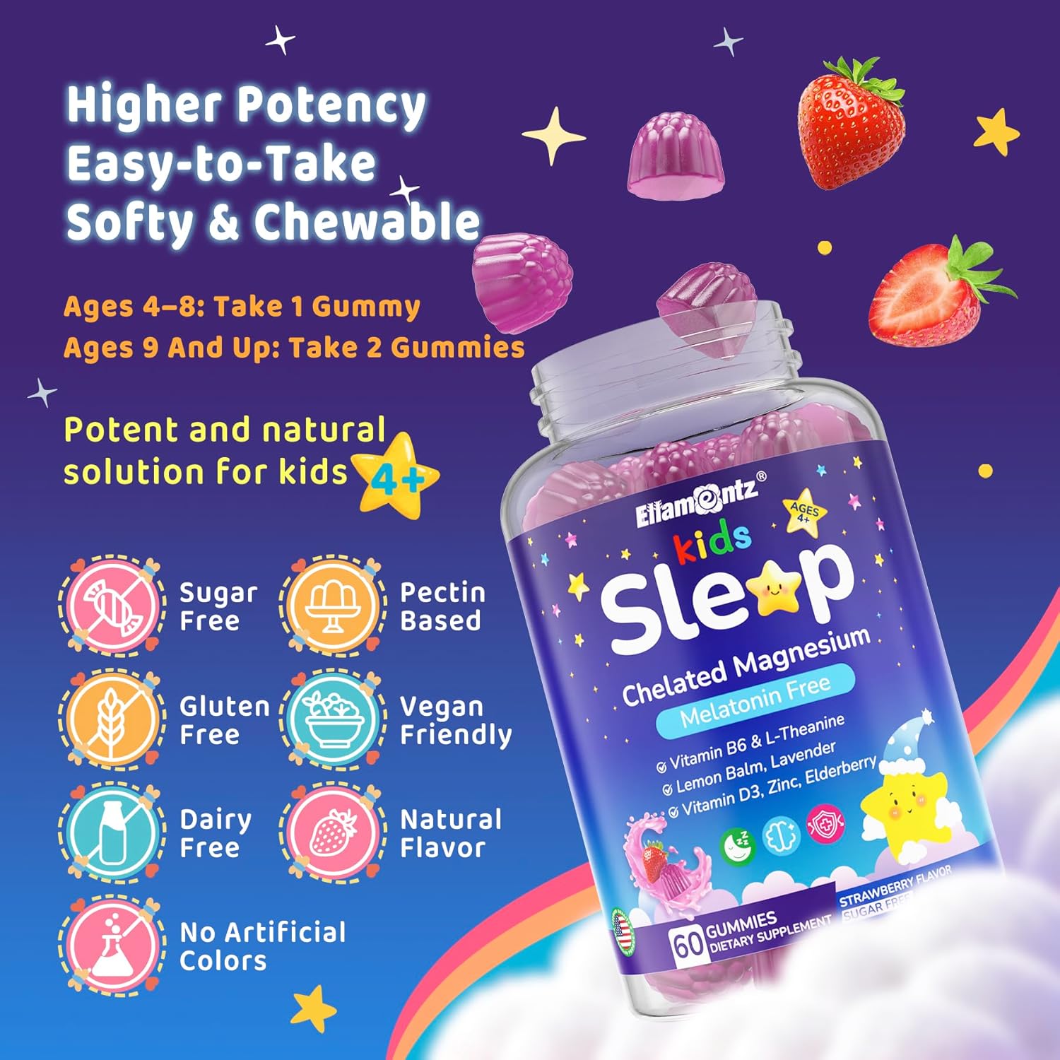 Kids Sleep Gummies, NO Melatonin Sleep Aid Gummies w/ Magnesium Glycinate, Magnesium Malate, L-Theanine, Lavender, B6, Zinc, D3K2 for Restful Sleep, Relax Brain & Muscle, Immune Support, Non-GMO 2Pack - Image 7
